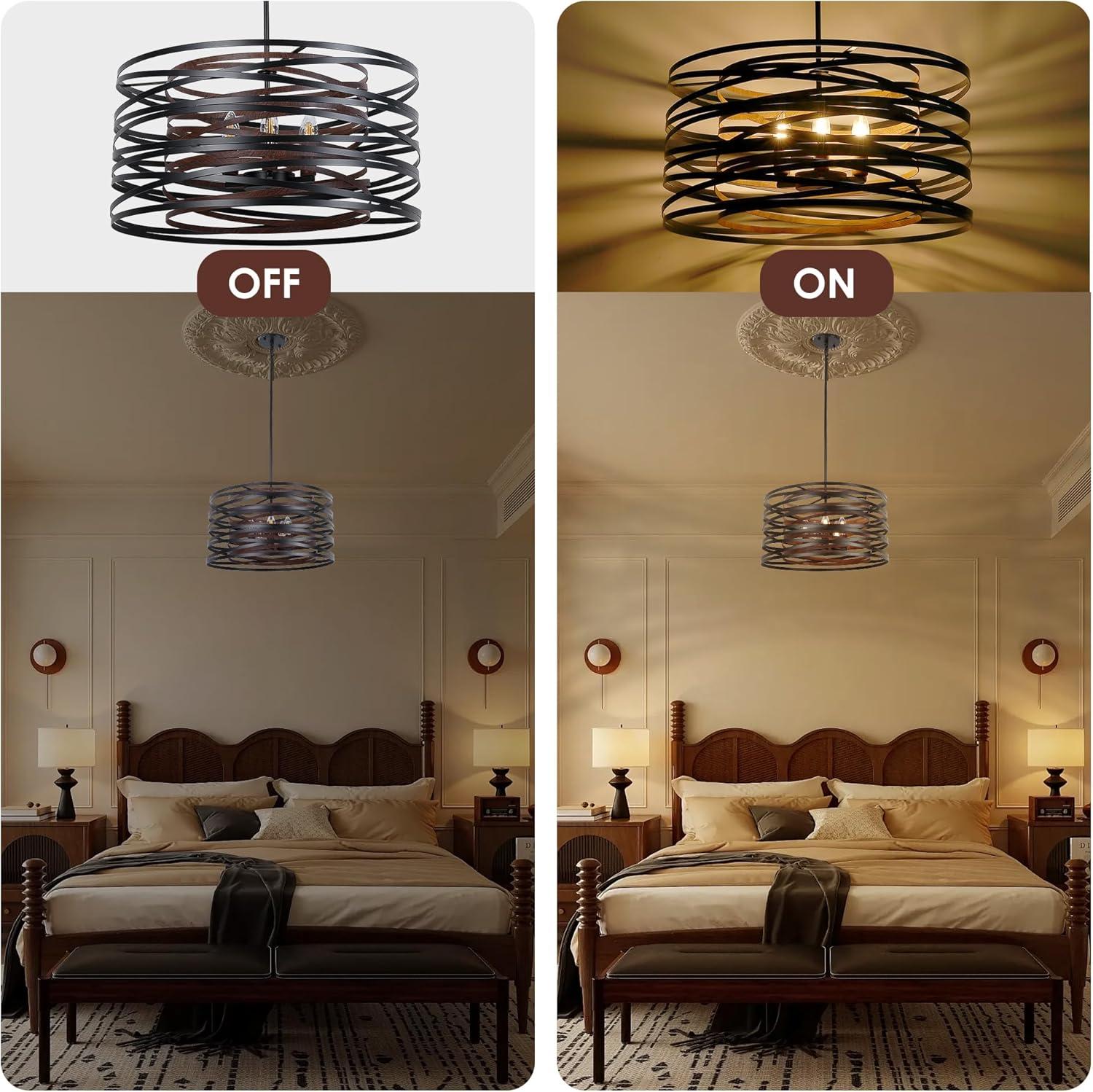 Dining Room Lighting Fixture, 5-Light Farmhouse Black Chandelier Drum Light, Round Metal with Retro Wood Texture Interior, E12 Bulbs Not Included