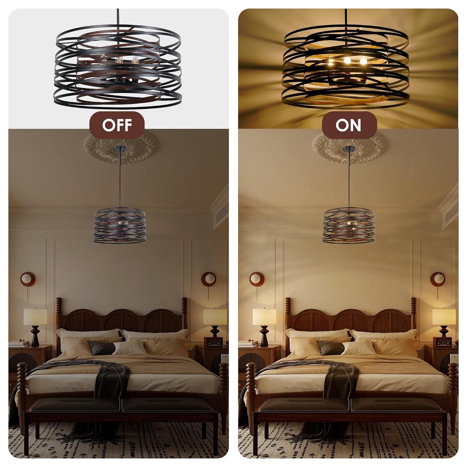 Dining Room Lighting Fixture, 5-Light Farmhouse Black Chandelier Drum Light, Round Metal with Retro Wood Texture Interior, E12 Bulbs Not Included