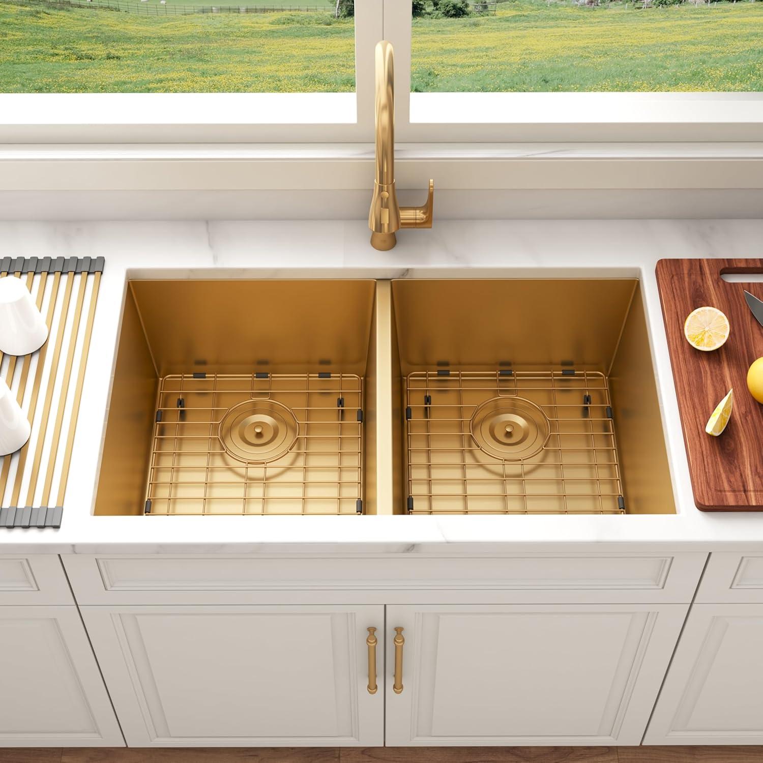 Blenzia 32 Inch Gold Double Bowl Kitchen Sink Undermount 50/50 Stainless Steel 16 Gauge Sinks 32" X 18" X 10"
