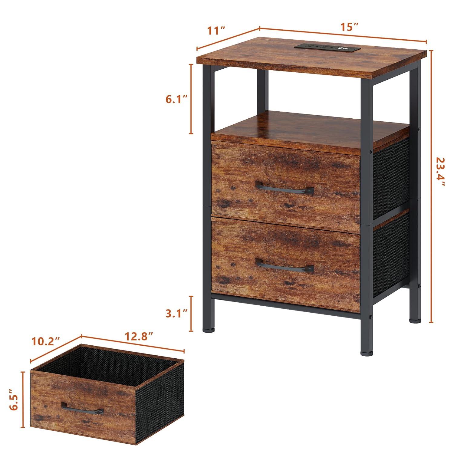 End Table with Charging Station, Narrow Side Table with 2 Fabric Drawers, Skinny Nightstand with LED Light, Slim Bedside Table for Bedroom, Living Room, Small Spaces, White