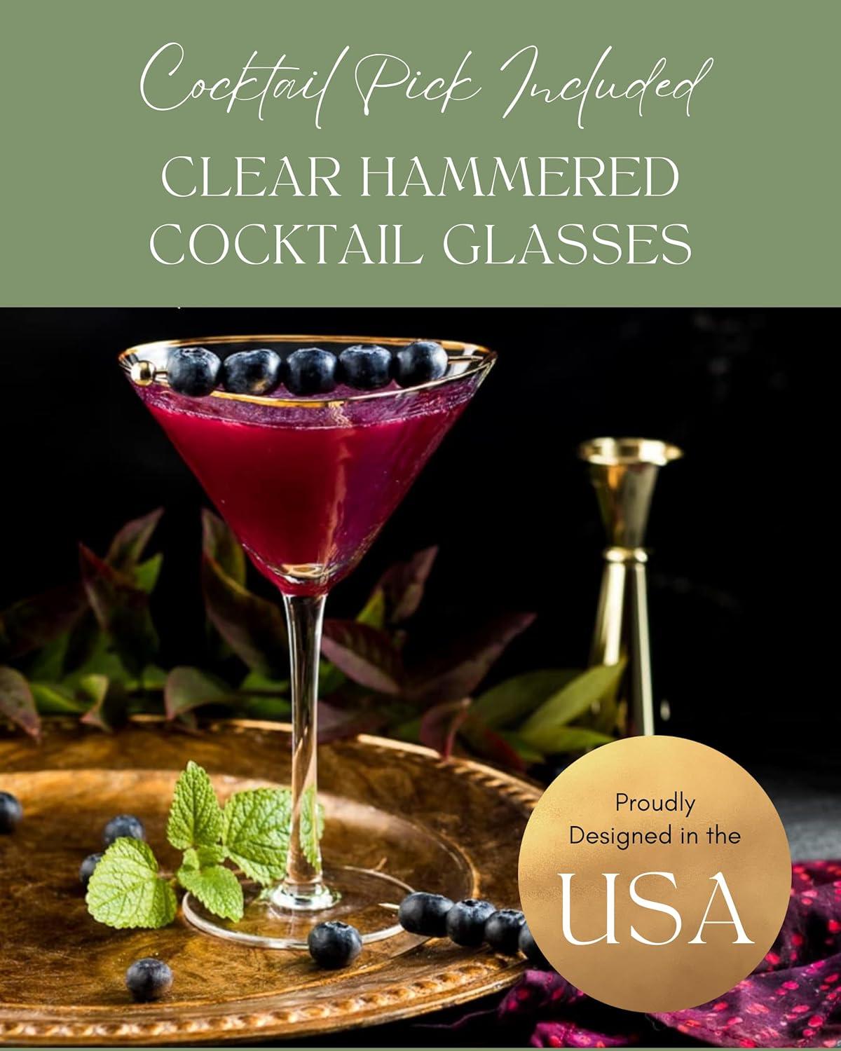 Sisterly Drinkware Clear Hammered Martini Glasses Set of 2 – Handmade Gold Rim Cocktail Glasses with 2 Gold-Plated Picks & 2 Coasters – 8 oz Elegant Barware for Martinis, Cocktails & Mocktails