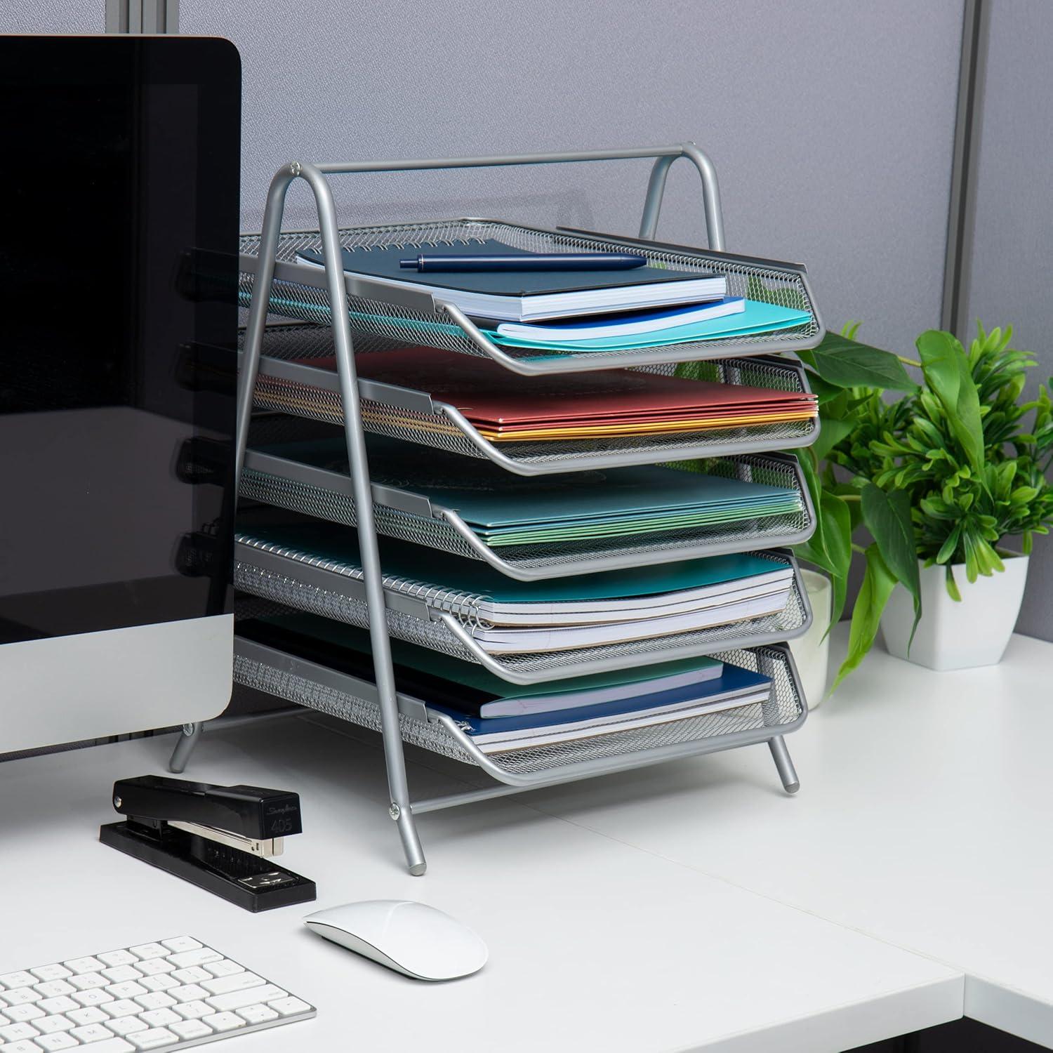 Silver 5-Tier Steel Mesh Letter Tray Organizer