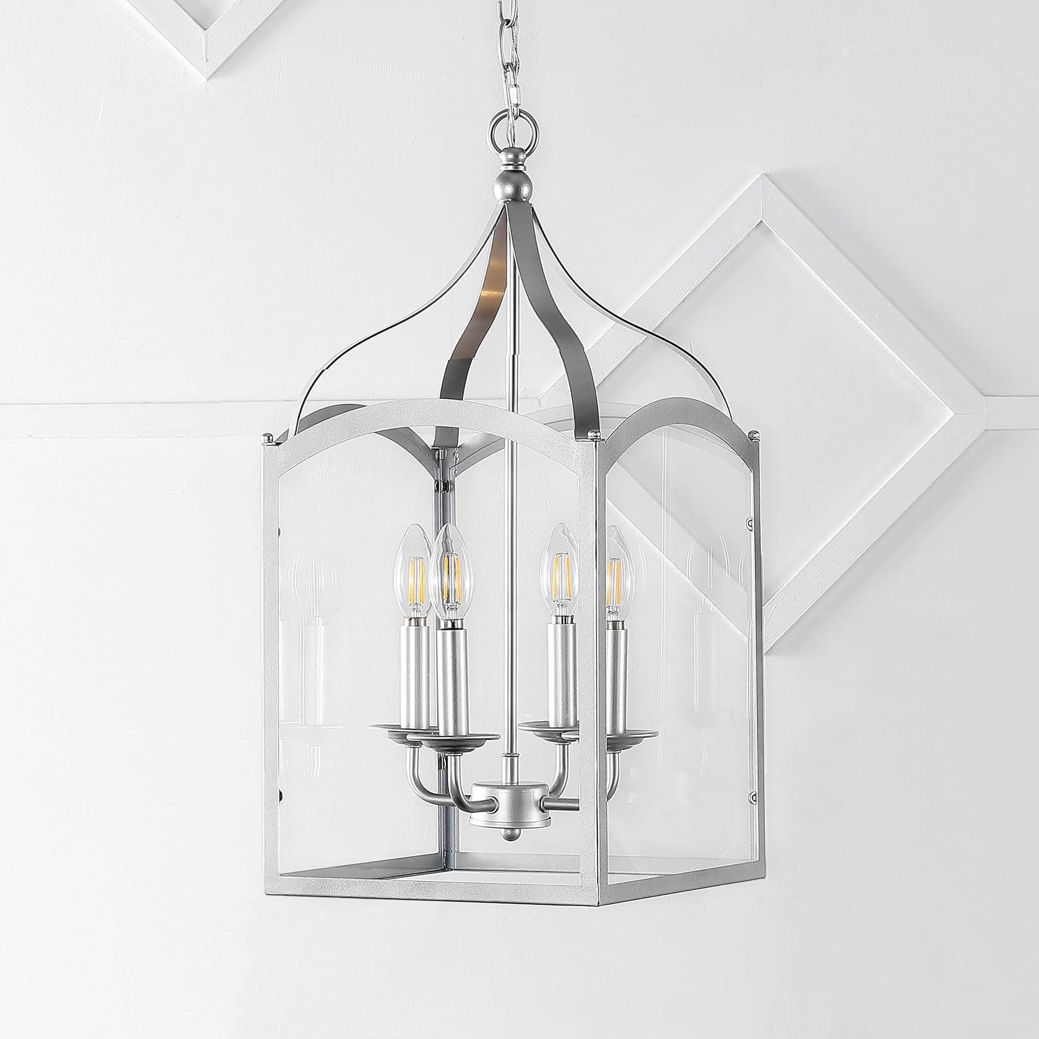 11" LED 4-light Ruth Classic Lantern Metal/Glass Pendant Silver - JONATHAN Y: ETL Listed, Adjustable Height