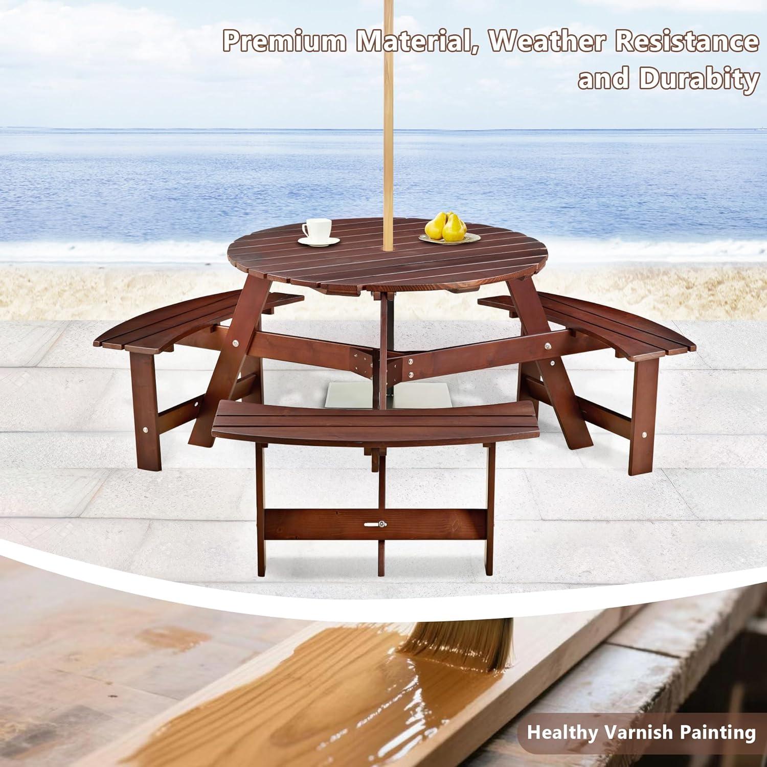 6 Person Wood Picnic Table, Outdoor Round Picnic Table with 3 Built-in Benches, Umbrella Hole, Outside Table and Bench Set for Patio, Backyard, 500lbs Capacity Per Bench (Brown)