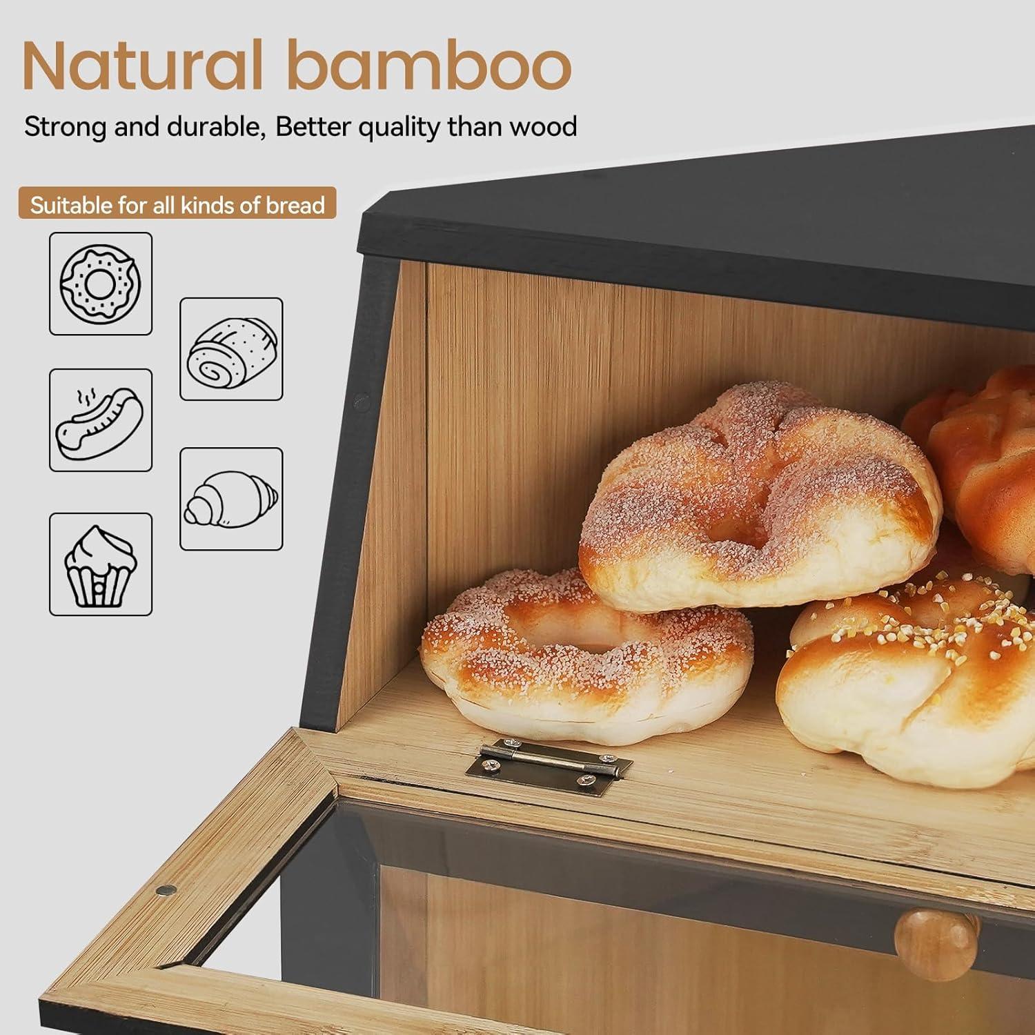 hghfhj   HOMEKOKO Double Layer Large Bread Box for Kitchen Counter  Wooden Large Capacity Bread Storage Bin (Black)