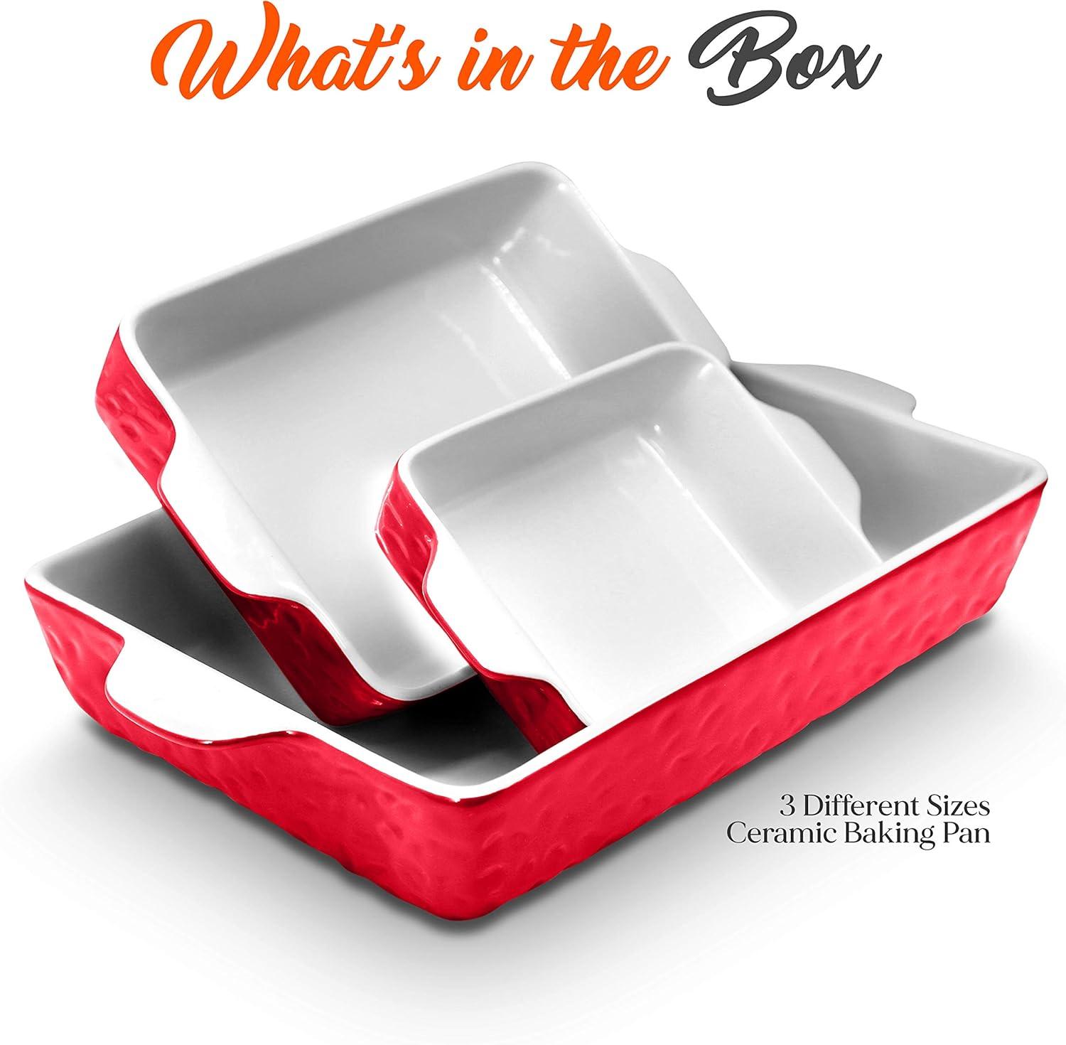 3-Pcs. Rectangular Ceramic Bakeware Set - Durable Baking Dishes Set, Odor-Free Hybrid Ceramic Non-Stick Baking Pans, Dishwasher Safe (Red)