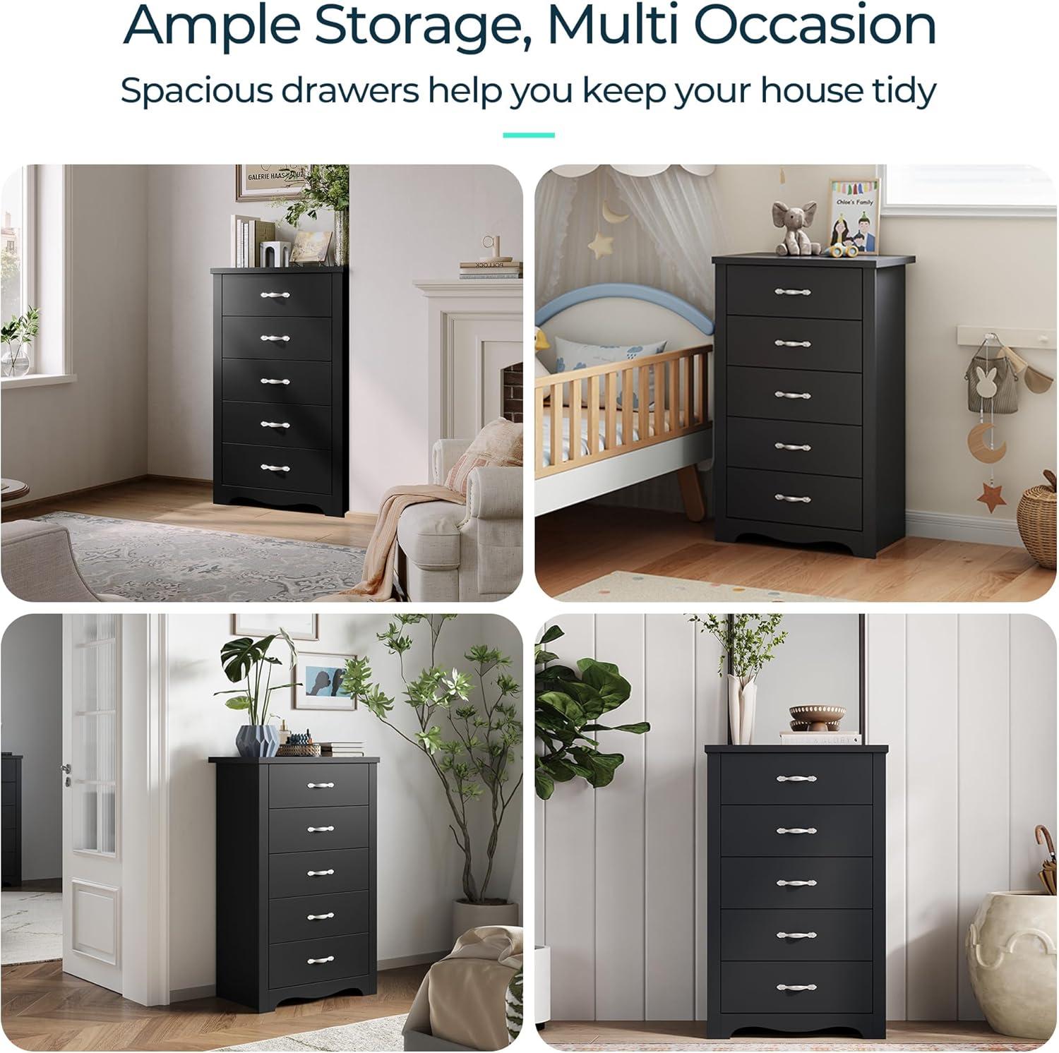 LINSY HOME Black Dressers,Chest of 5 Drawers