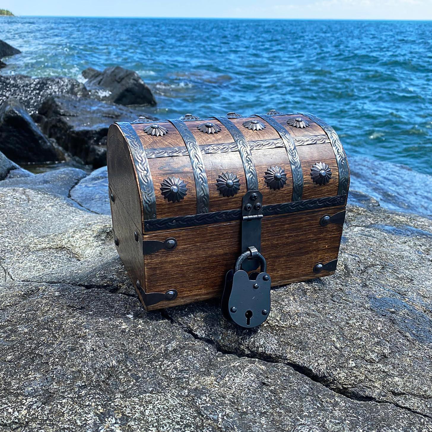 Nautical Cove Wooden Treasure Chest with Padded Velvet Lining and Antique Lock with Skeleton Keys (Small 8x6x6) – Luxury Wood Pirate Chest, Wooden Keepsake Box, Decorative Box with Lid