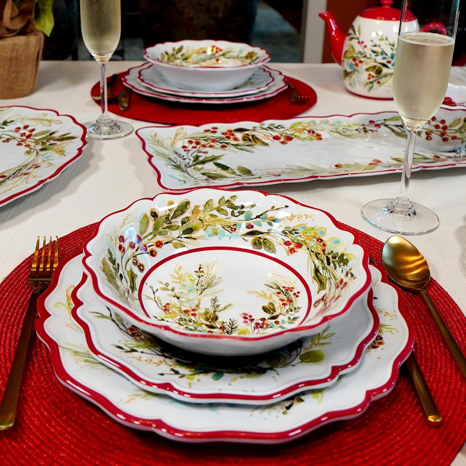 Christmas Gatherings 12pc Melamine Dware Set 4-Dinner Plate 11" 4-Salad Plate 9" 4-Bowl 8.5" x 2"