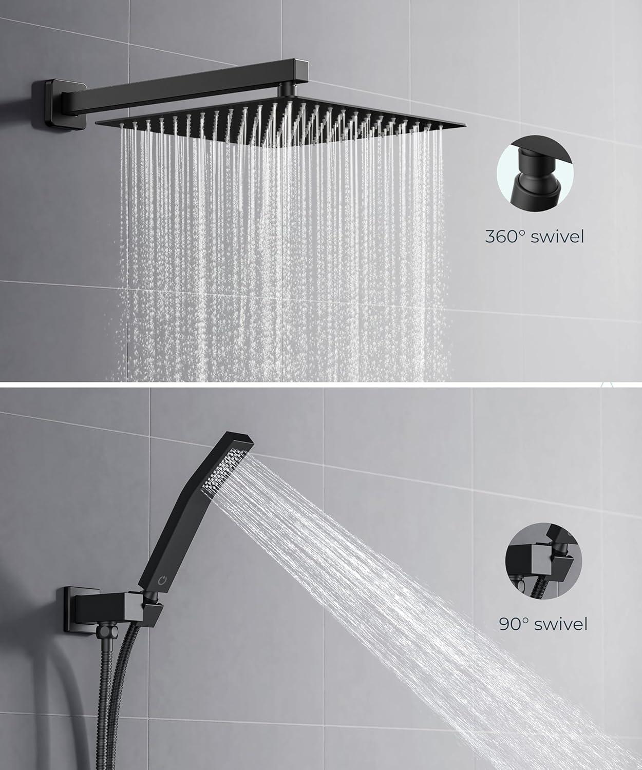 Shower Faucet Set 12" Matte Black Shower Head And Handle Set Rainfall Shower System with Square Rain Shower Head and High Pressure Handheld Spray