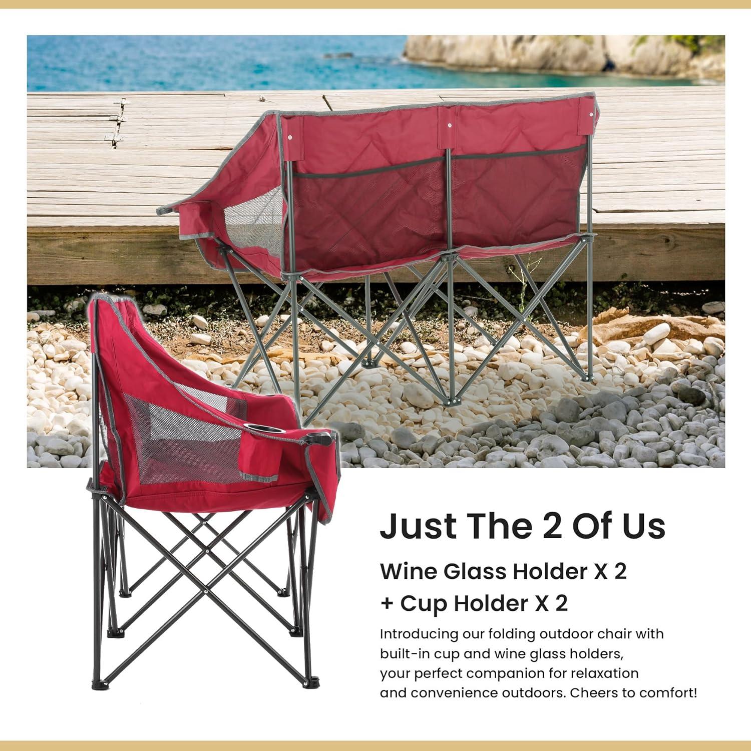 ARROWHEAD OUTDOOR Portable Folding Double Duo Camping Chair Loveseat w/ 2 Cup & Wine Glass Holder, Heavy-Duty Carrying Bag, Padded Seats & Armrests, Supports up to 500lbs, USA-Based Support (Red)