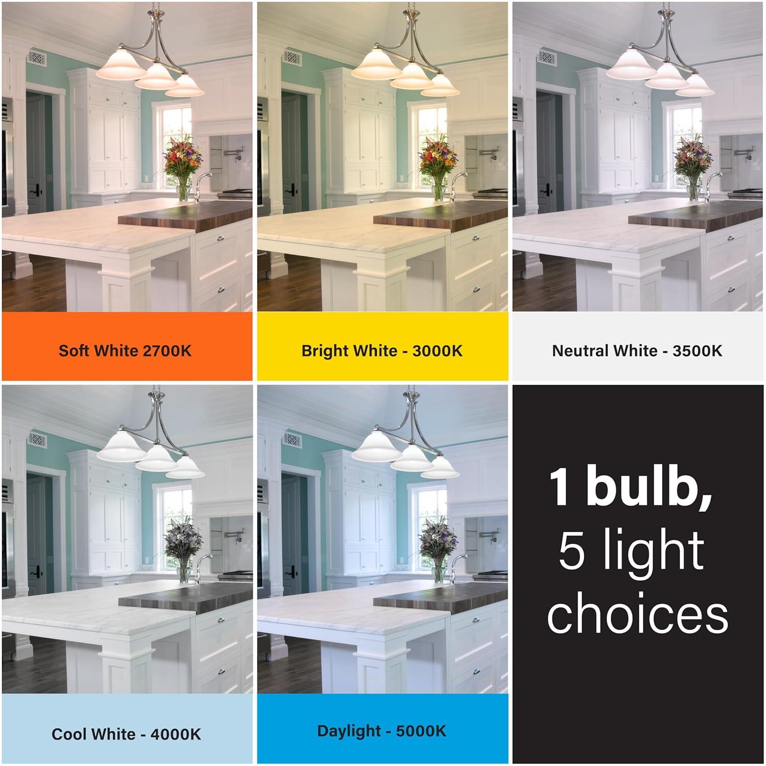 Feit Electric A19 LED Light Bulb, 60W Equivalent, 5CCT, Dimmable, E26 Medium Base, 90 CRI, 800 Lumens, Adjustable White, 22 Years Lifetime, 4 Pack, OM60DM/5CCT/4