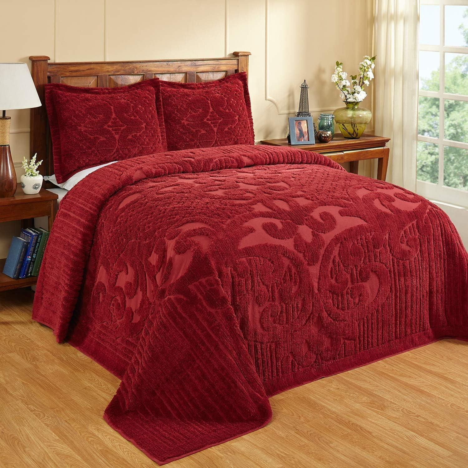 Ashton Burgundy Cotton Twin Bedspread with Tufted Medallion Design