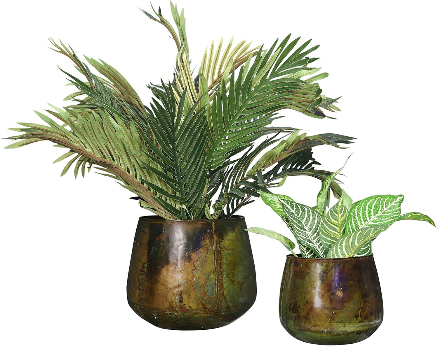 Green Oxidized Brass Round Metal Planters, Set of 2