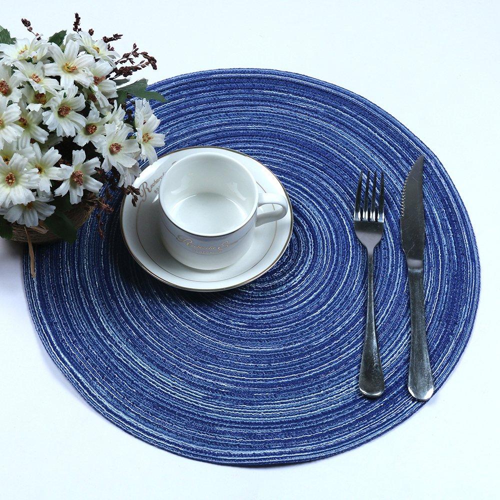 Topotdor 14 Inch Round Placemats Heat-Resistant Stain Resistant Anti-Skid Washable Polyproplene Table Mats Placemats (Blue, Set of 4)