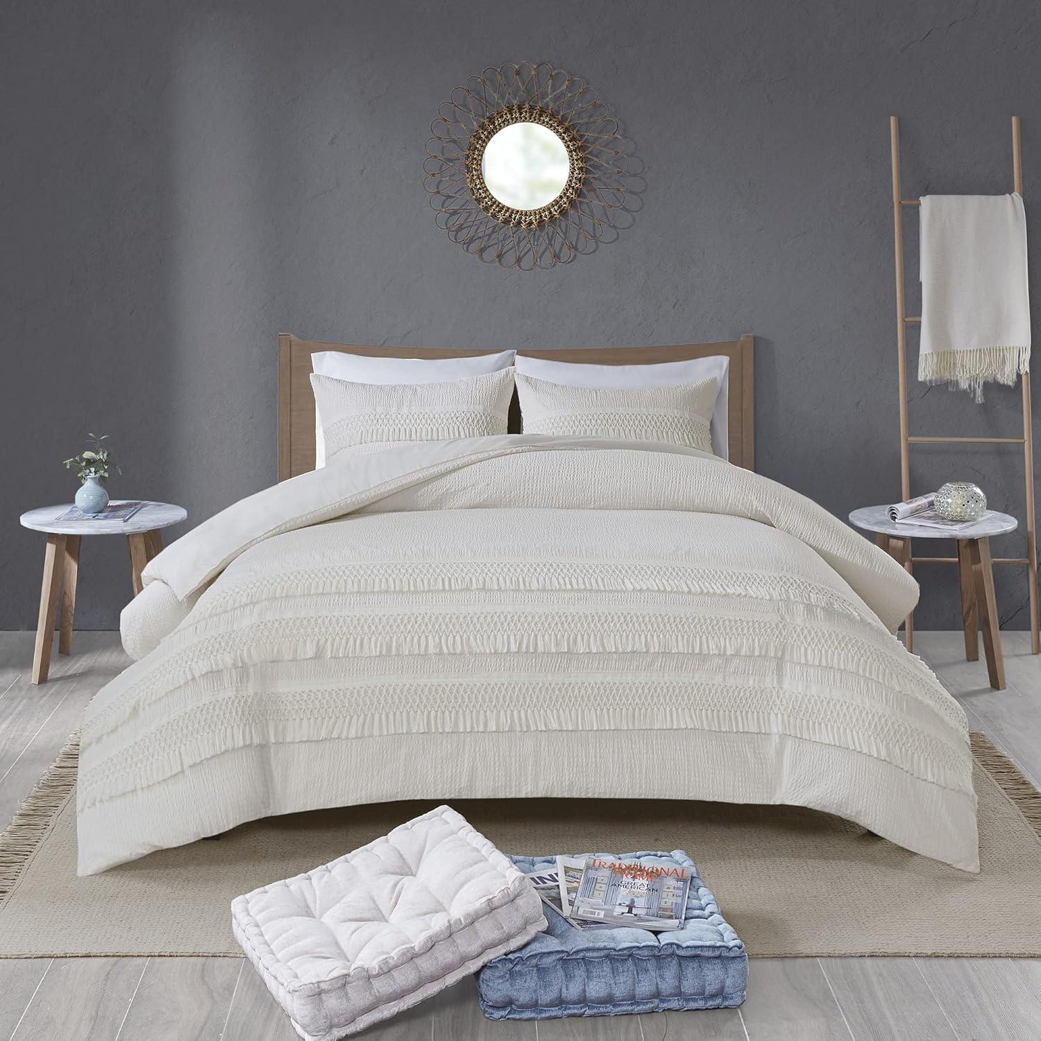 Madison Park Roselle King/California King 3pc Cotton Seersucker Duvet Cover Set Ivory: Lightweight Fabric, OEKO-TEX Certified