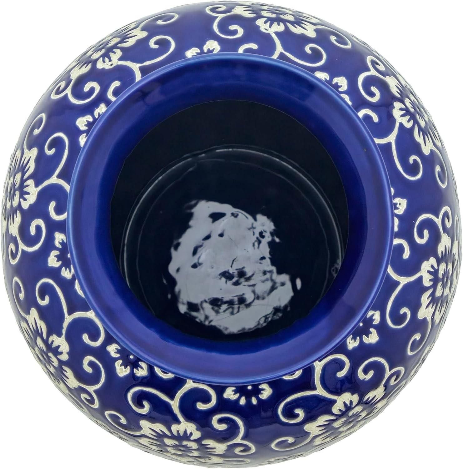 14" White Flowers on Blue Tung Chi Vase