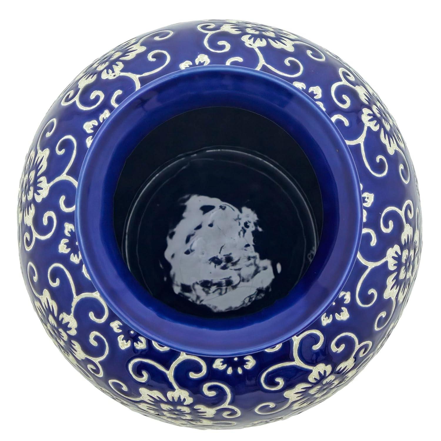14" White Flowers on Blue Tung Chi Vase