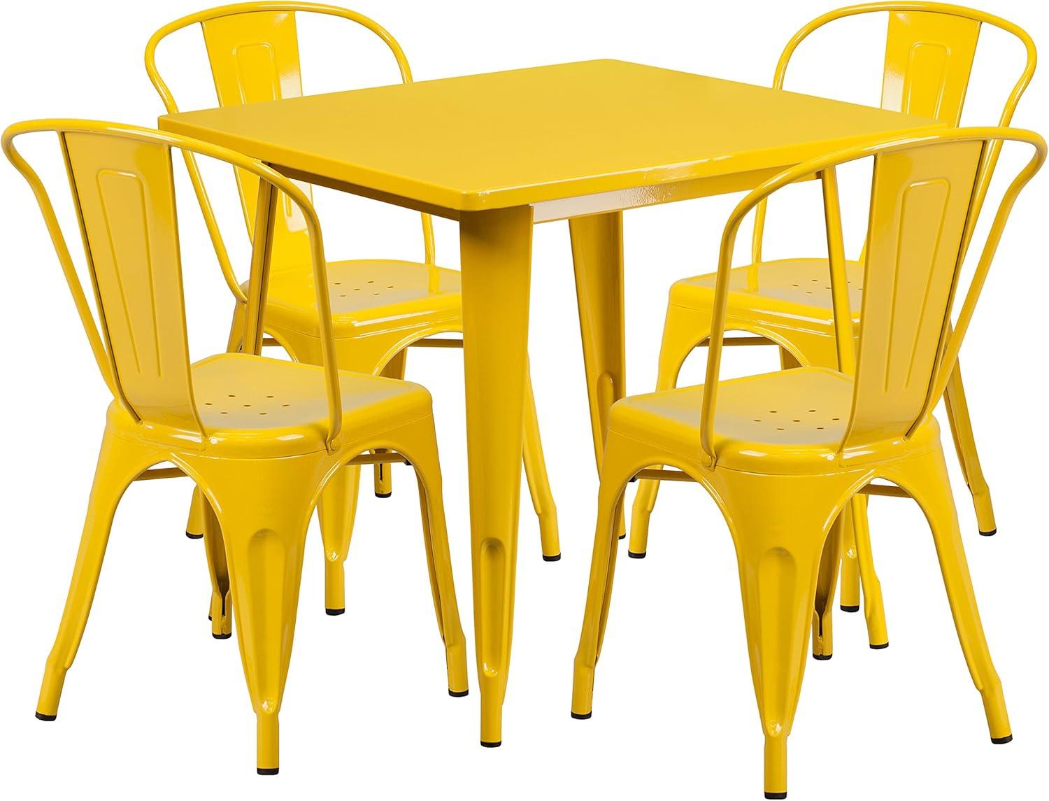 Flash Furniture Commercial Grade 31.5" Square Yellow Metal Indoor-Outdoor Table Set with 4 Stack Chairs