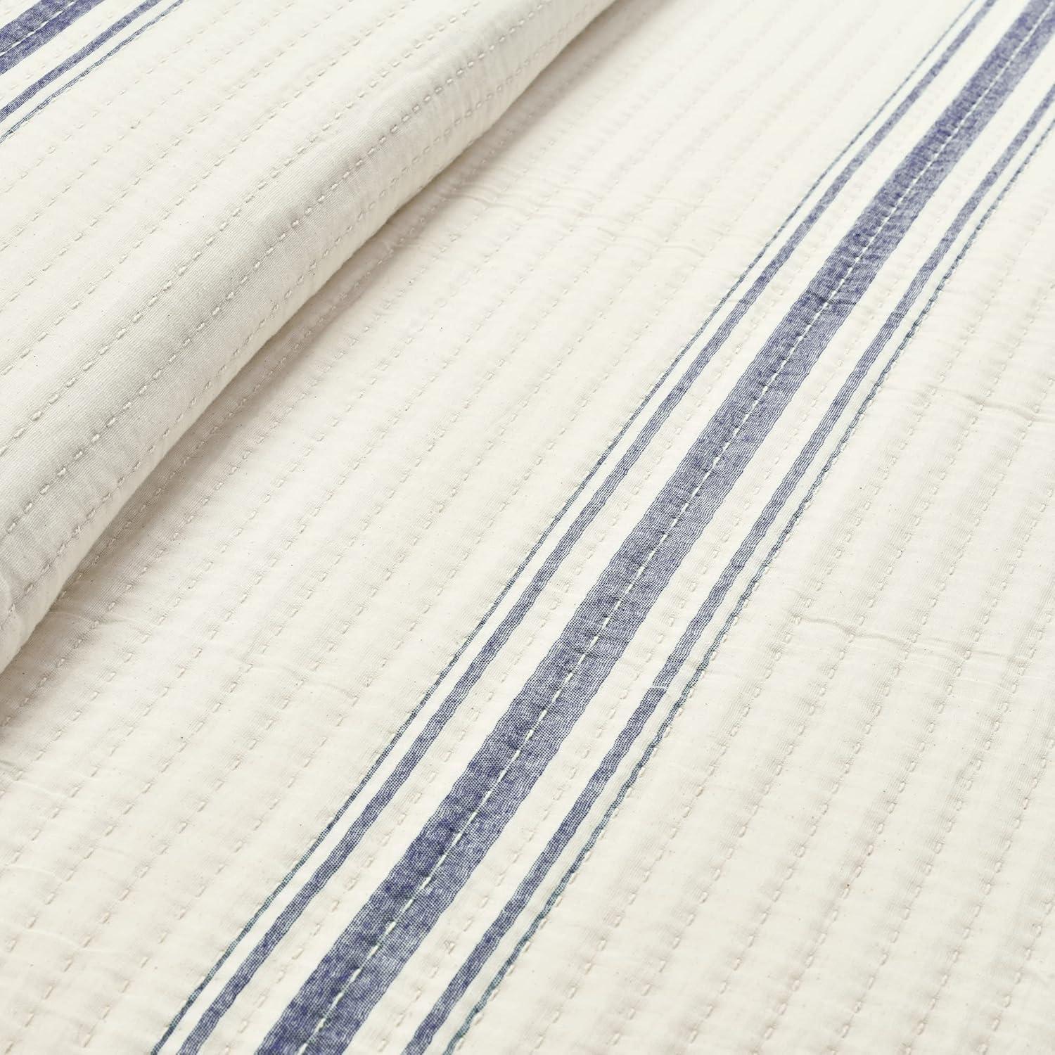 Lush Décor King Farmhouse Stripe Kantha Pick Sti Thread Counth Yarn Dyed Woven Single Quilt/Coverlet Navy: Reversible, OEKO-TEX Certified