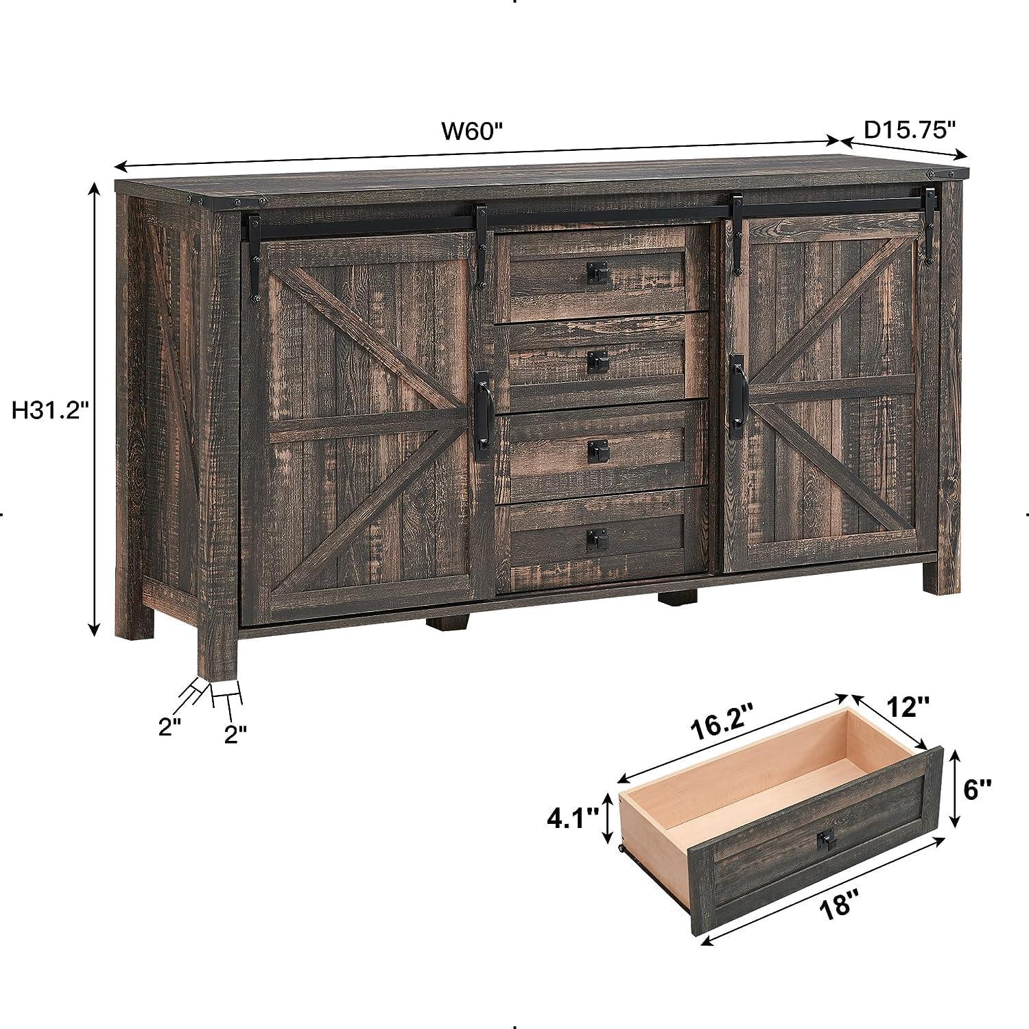 Texola 60" W Farmhouse Chest of Drawers, Wood Bedroom Dresser with 4 Drawers & Sliding Barn Doors