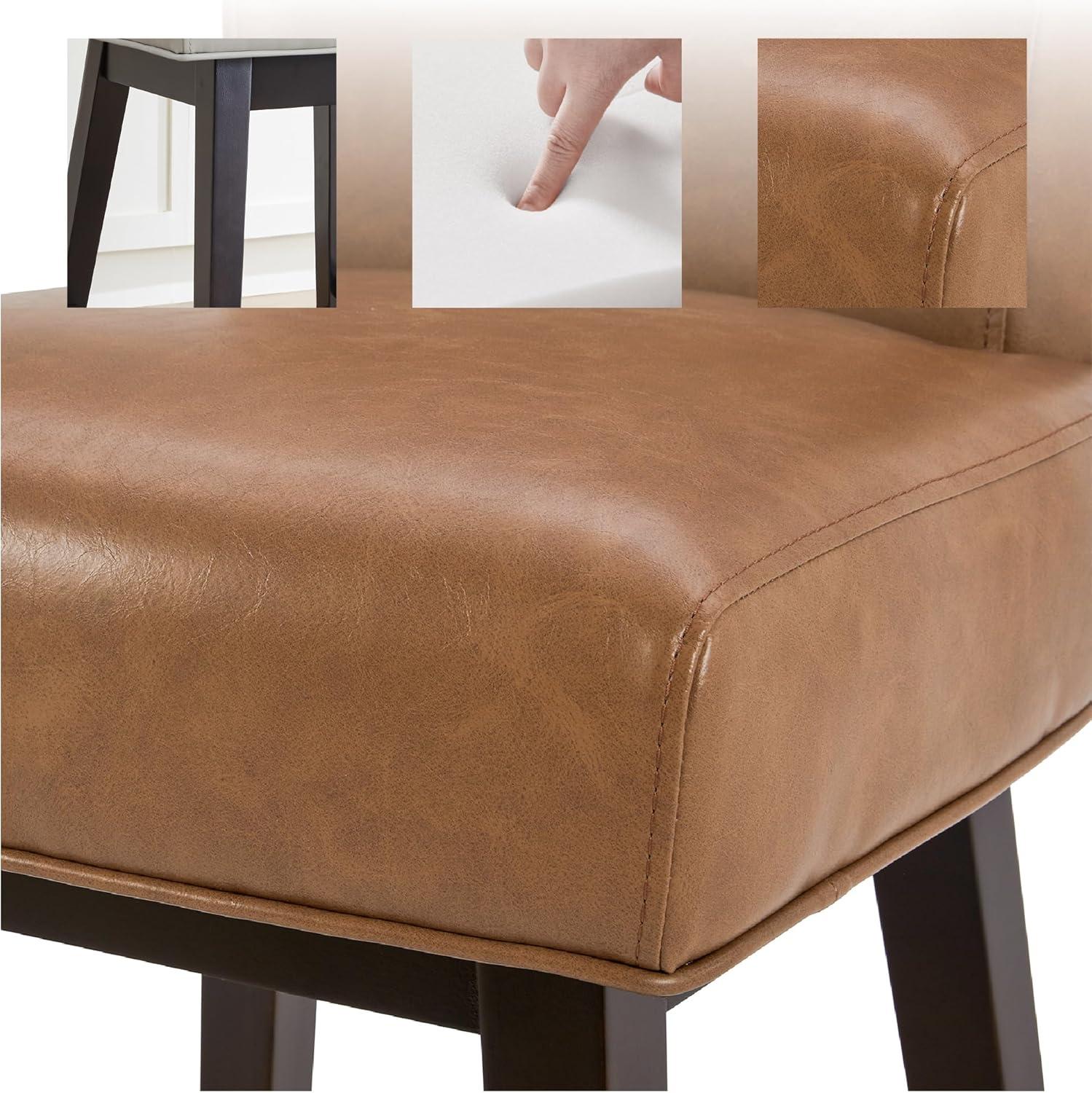 Saddle Brown Faux Leather Swivel Counter Stools with Wood Legs, Set of 2