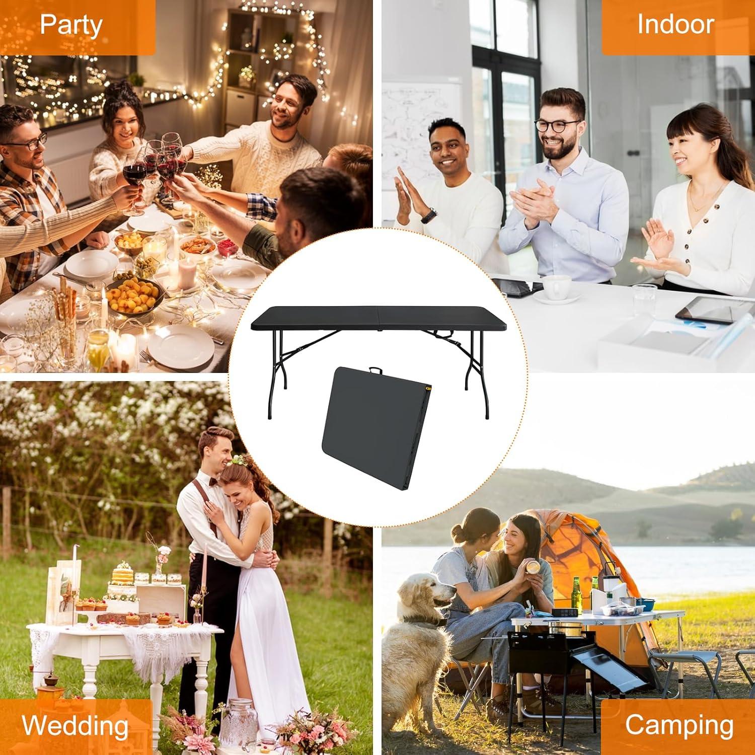 6ft Folding Table, Portable Plastic Table for Camping, Picnics, Parties, High Load Bearing Foldable Table Black