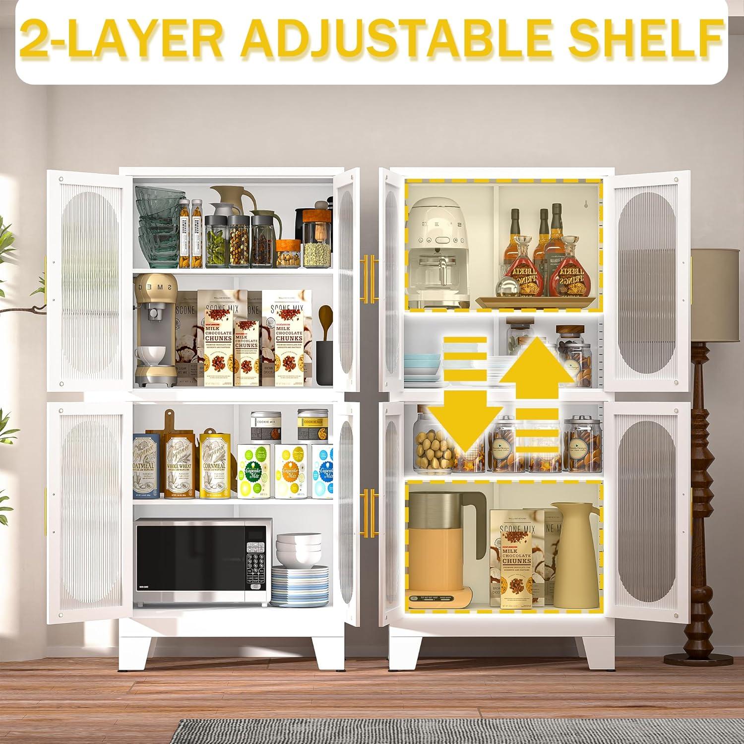 Pantry Storage Cabinet, 61" Pantry Cabinets with Acrylic Glass Doors and Adjustable Shelves, Metal Kitchen Pantry Cabinet for Kitchen, Living Room, Laundry Room and Dinning Room