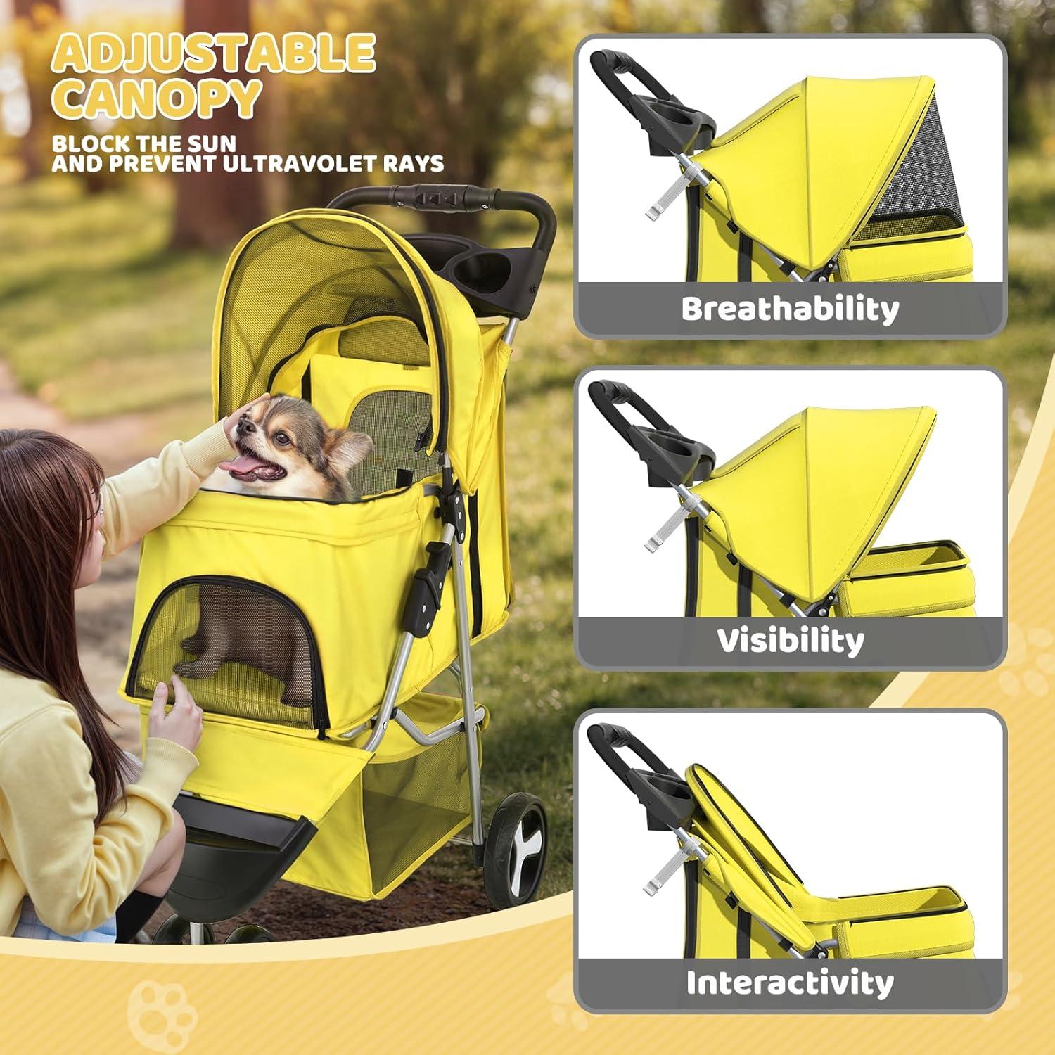 Zengpin 3-Wheel Pet Stroller, Foldable Travel Jogger for Small & Medium Dogs & Cats (Up to 33lbs), Lightweight Carrier with Breathable Mesh Cover, Cup Holder & Storage Basket, Yellow
