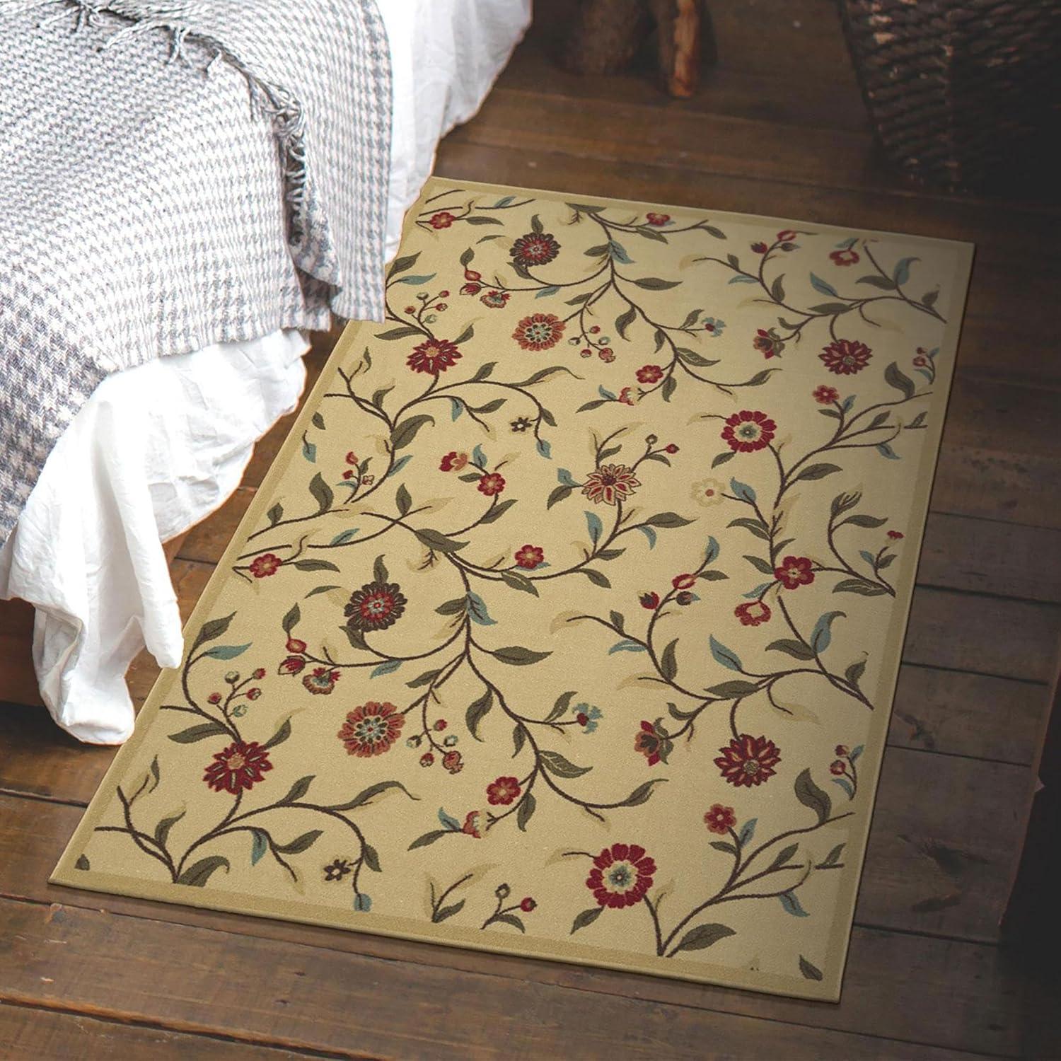 Ottohome Machine Washable Non-Slip Rubberback Floral Leaves Area Rug