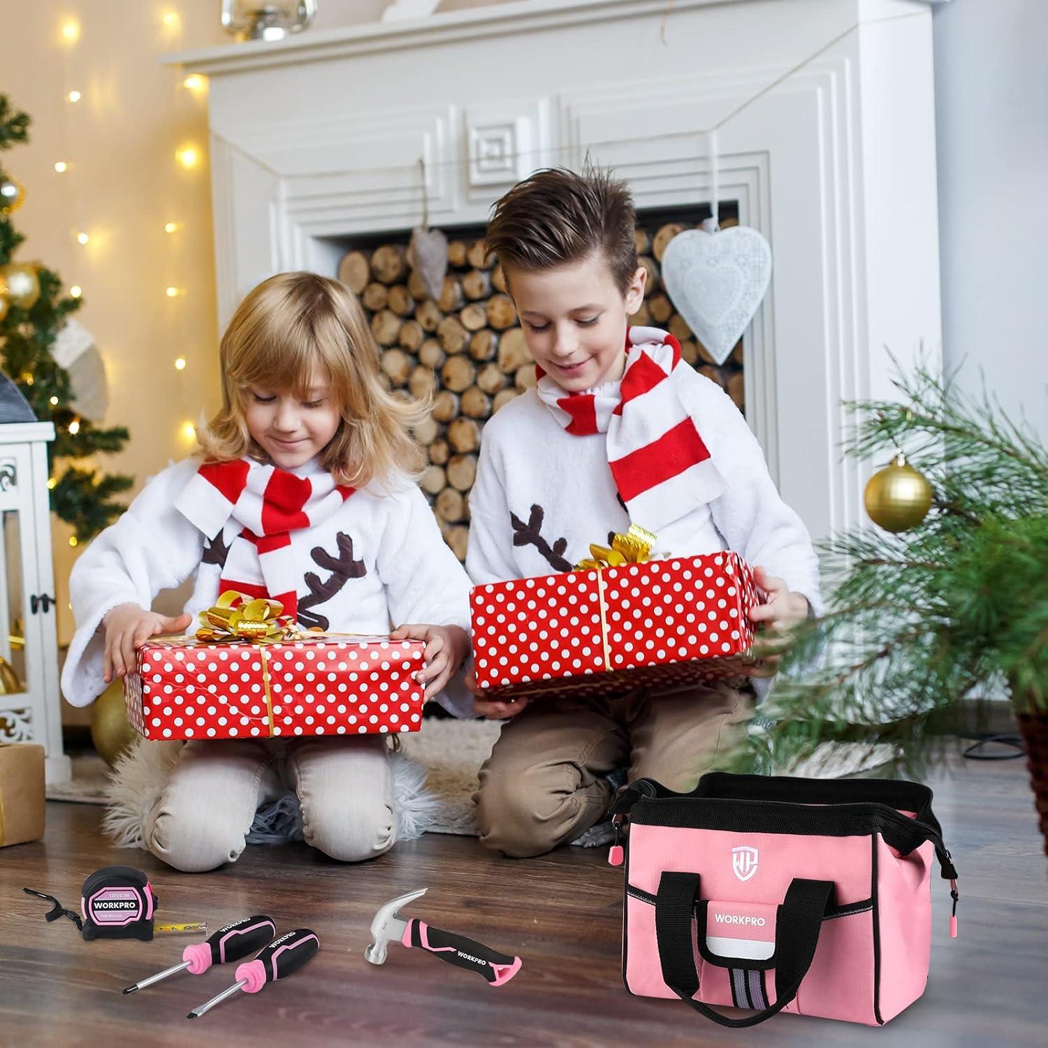 WORKPRO 9-Piece Kids Real Hand Tool Set, Pink Junior Tool Kit with Storage Bag for Boys, Girls, Children DIY Building and Woodworking, Age 8+