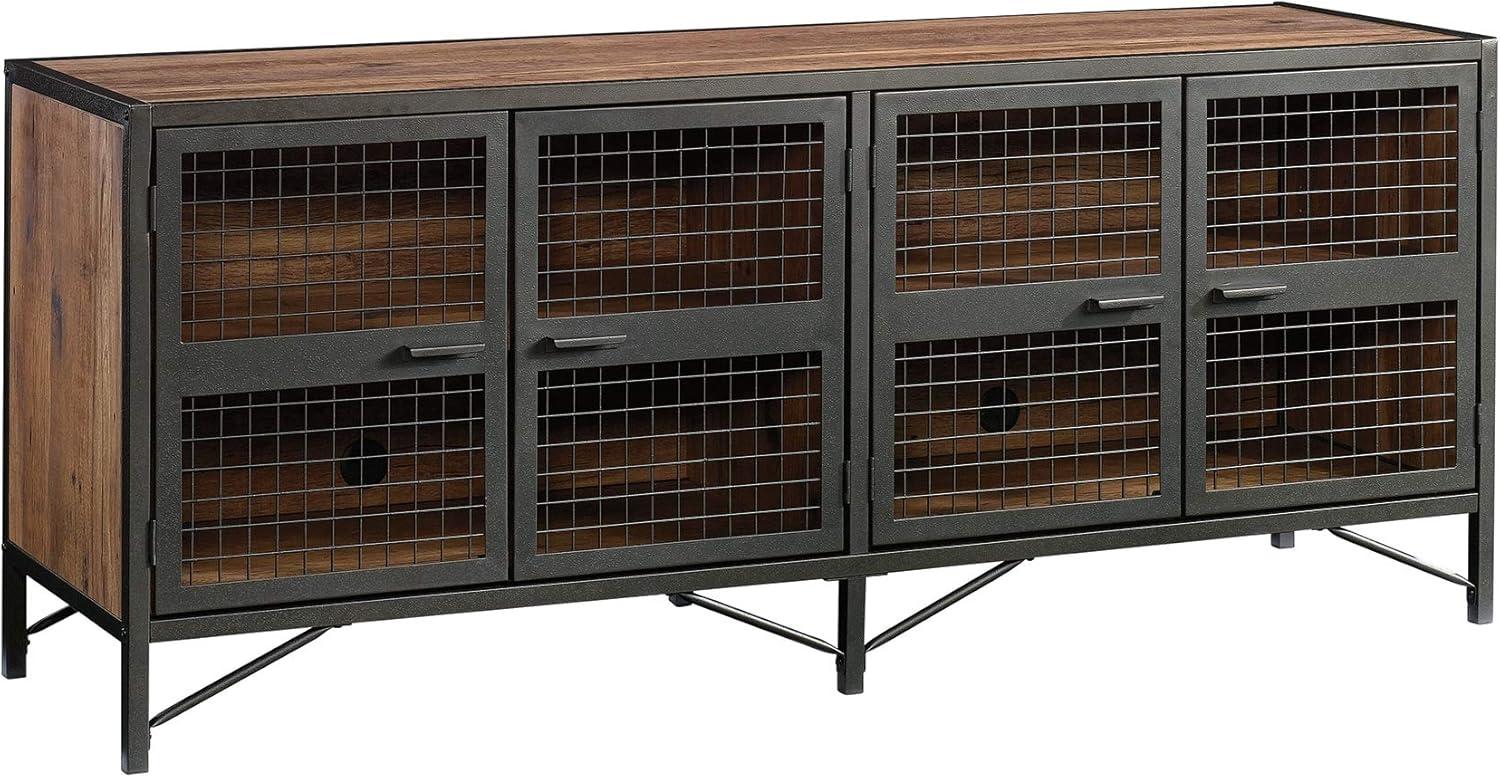 Vintage Oak and Black Industrial TV Stand with Mesh Doors