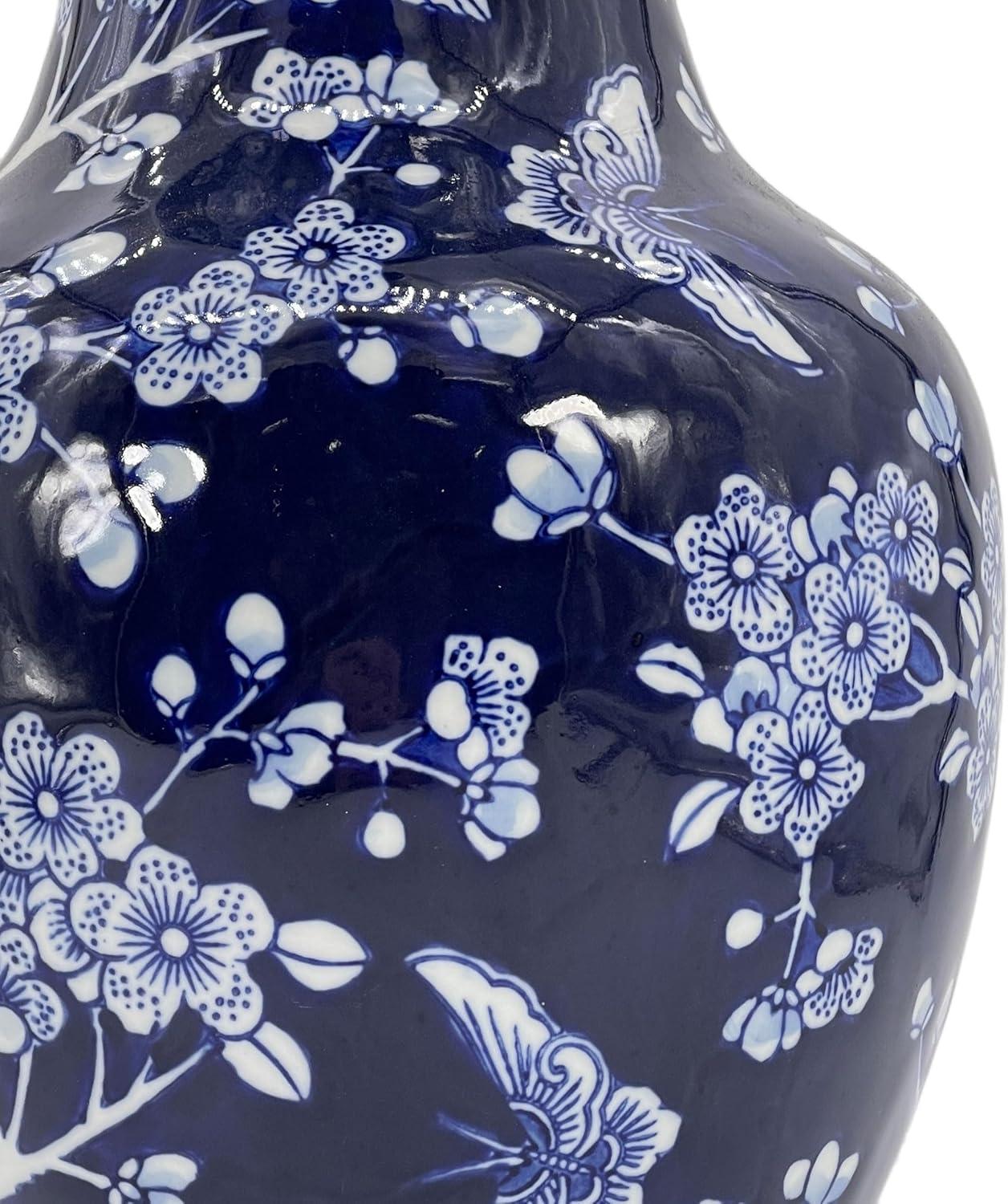 Dark Blue Floral Chinoiserie Ceramic Vase with White Accents