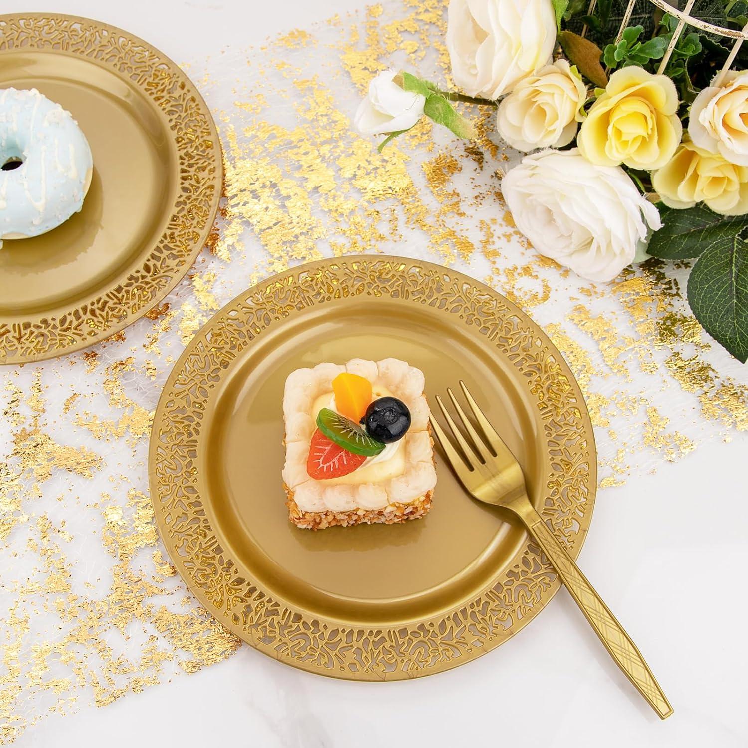 I00000 60pcs Plastic Gold Plates,10.25 inch Gold Rimmed Dinner Plates, White Disposable Plates, Parties or Wedding