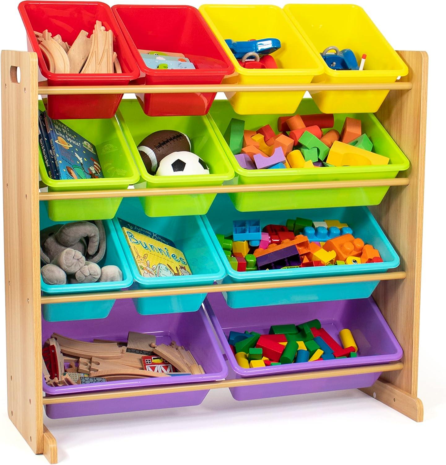 Humble Crew Rainbow Toy Storage Organizer with 12 Plastic Storage Bins, Natural/Rainbow