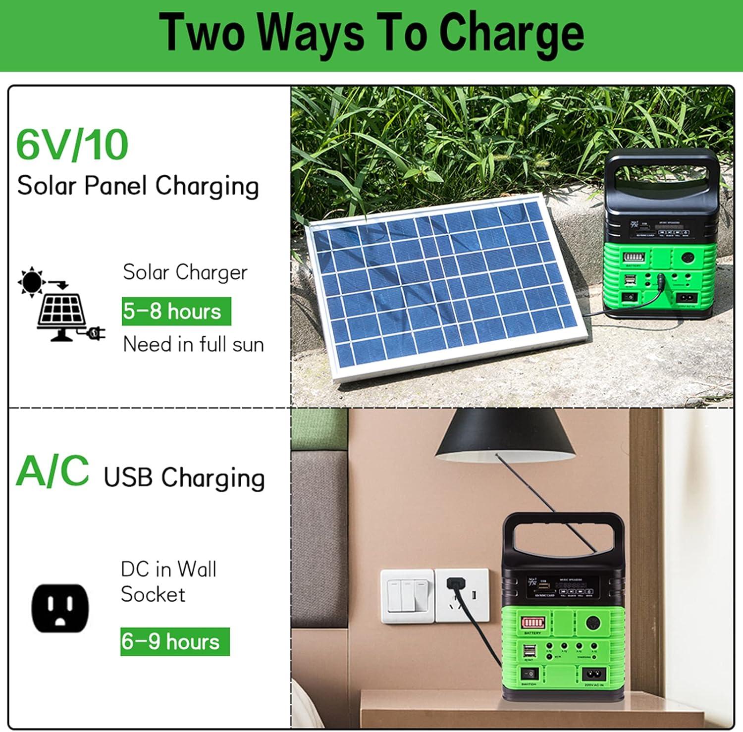 Green Portable Solar Power Station with LED Lights and USB Outlets