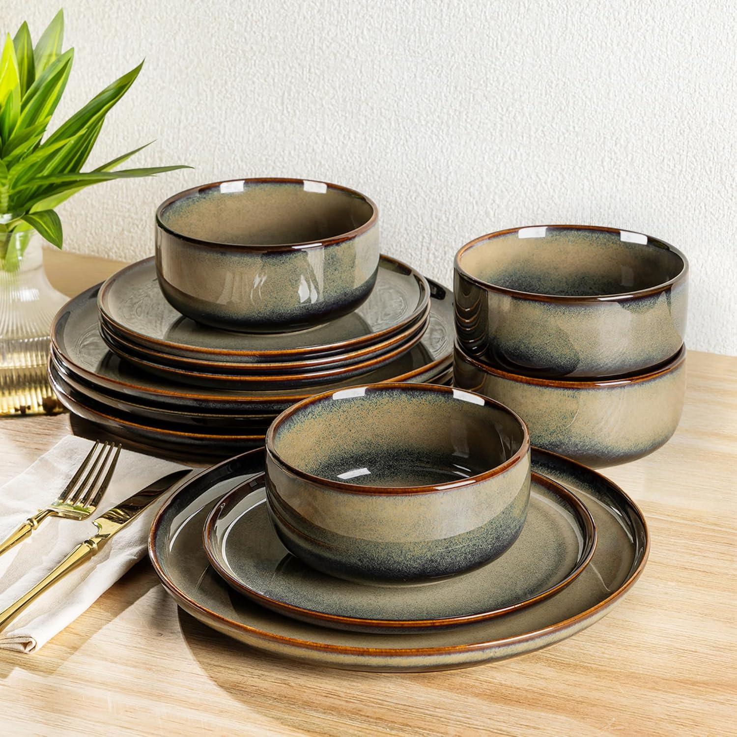 One Allium Way® 12-Piece Reactive Glaze Plate and Bowl Set, 4-Person Dinnerware Set, Scratch Resistant Dinnerware Set