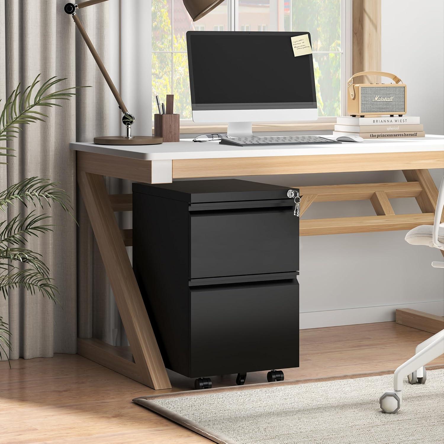 Black Metal 2-Drawer Lockable Mobile Filing Cabinet