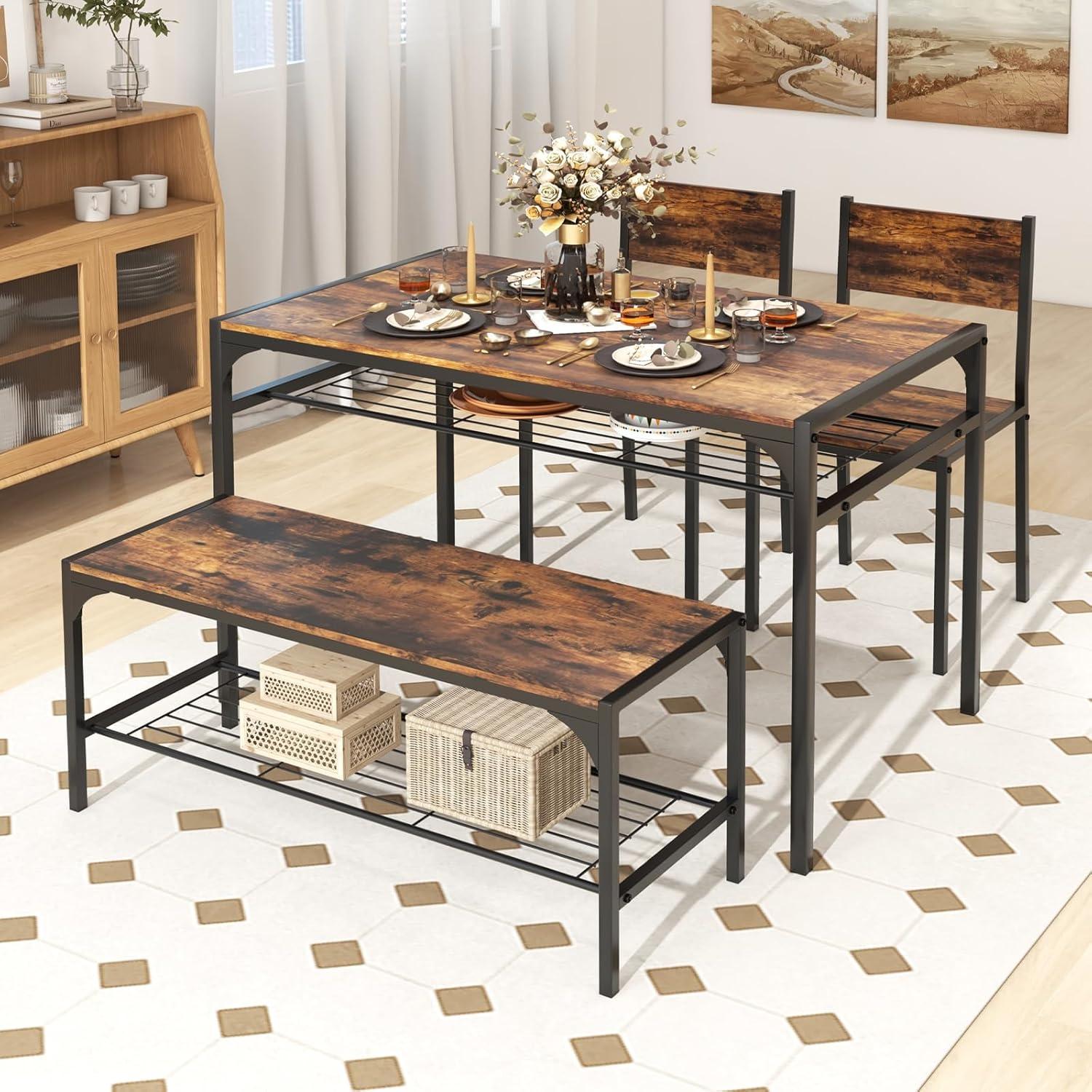 Costway Dining Table Set for 4 Rectangular Table with 2 Chairs, 1 Bench, Storage Racks Rustic Brown/Grey