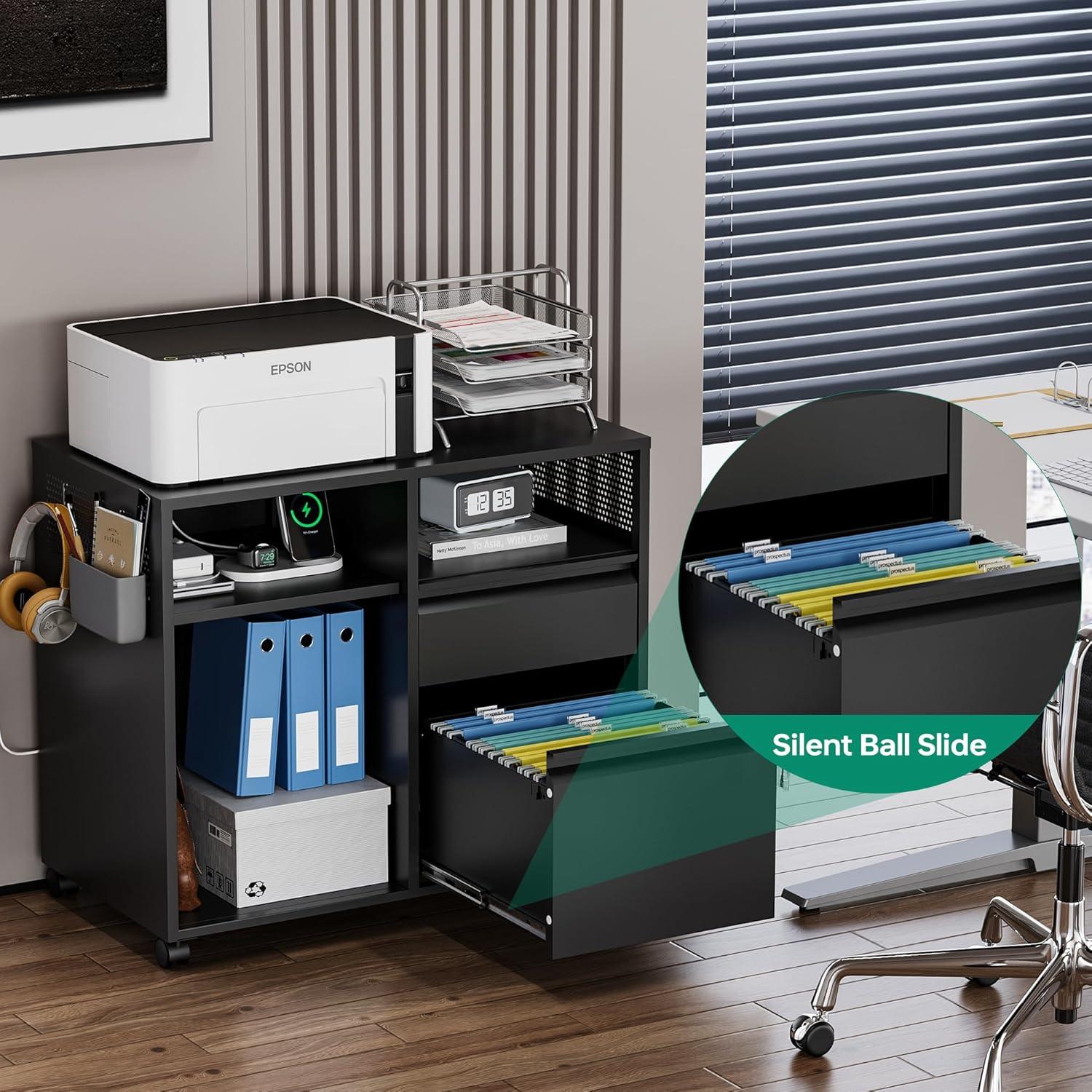 Black Metal Mobile Lateral File Cabinet with Shelves