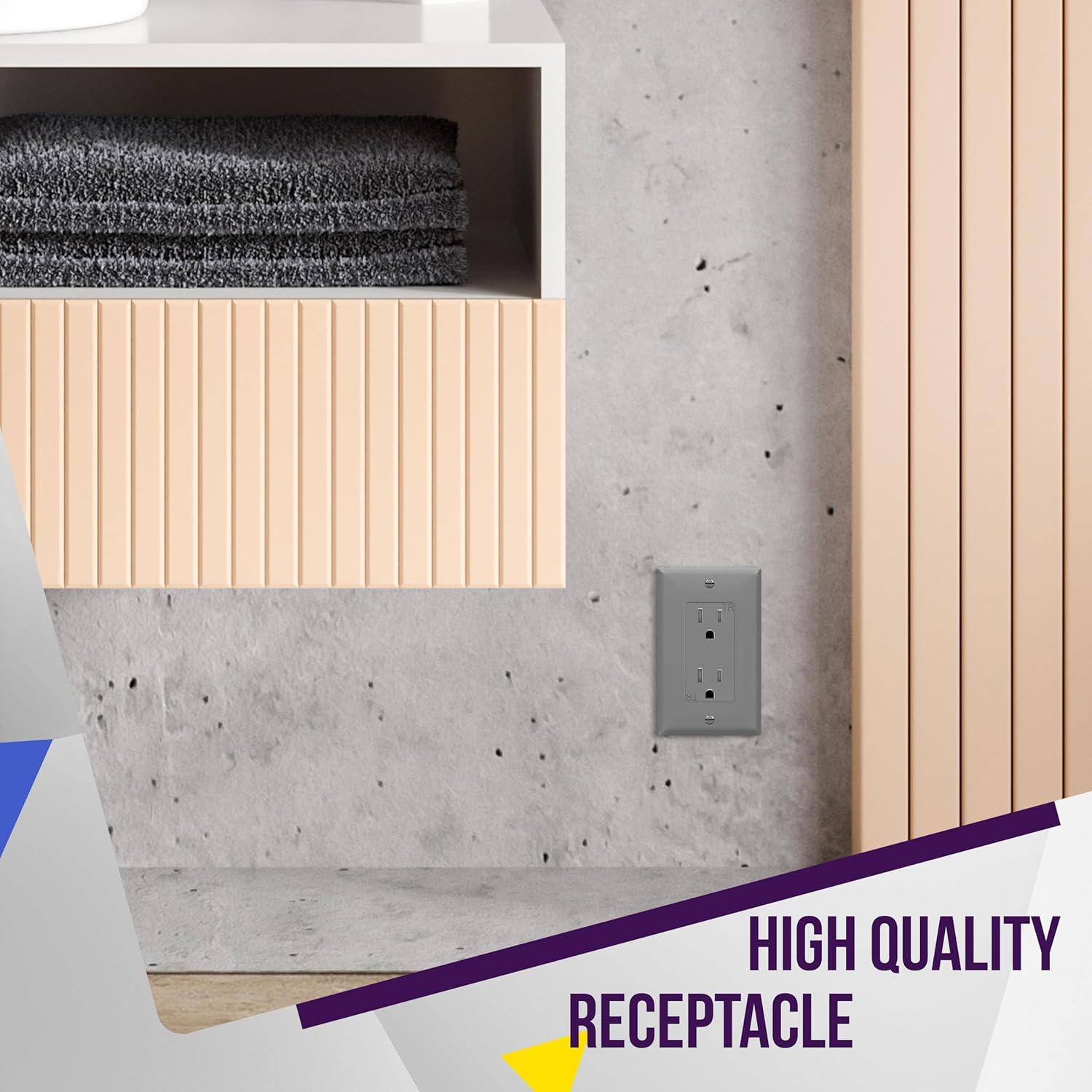 Gray Tamper-Resistant Decorator Receptacle Outlet with Wall Plate