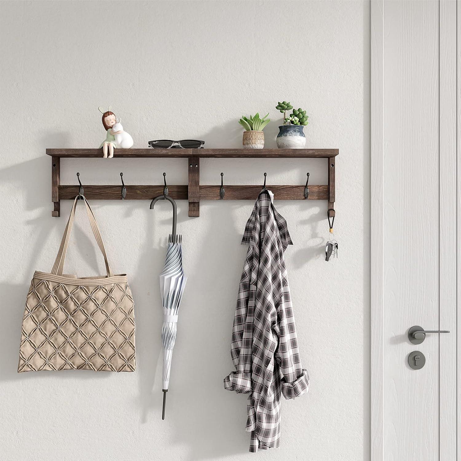 Brown Wood Wall-Mounted Entryway Shelf with Hooks