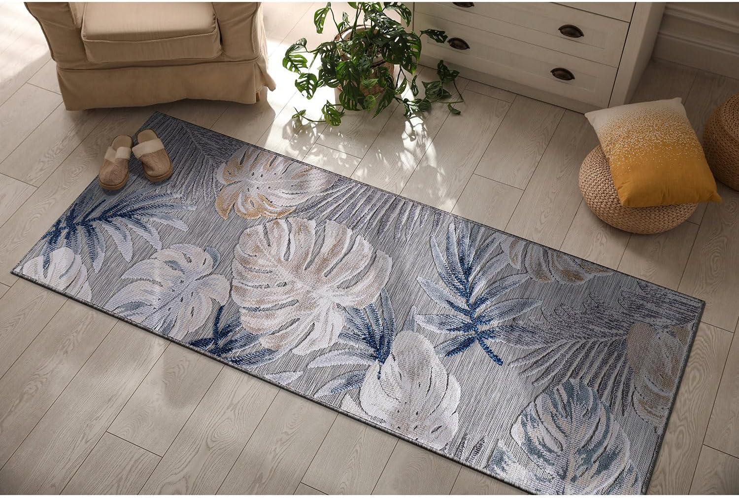 CAMILSON Spring Leaf Tropical Botanical Easy-Cleaning Non-Shedding Washable Outdoor Indoor Area Rug Blue 9x12