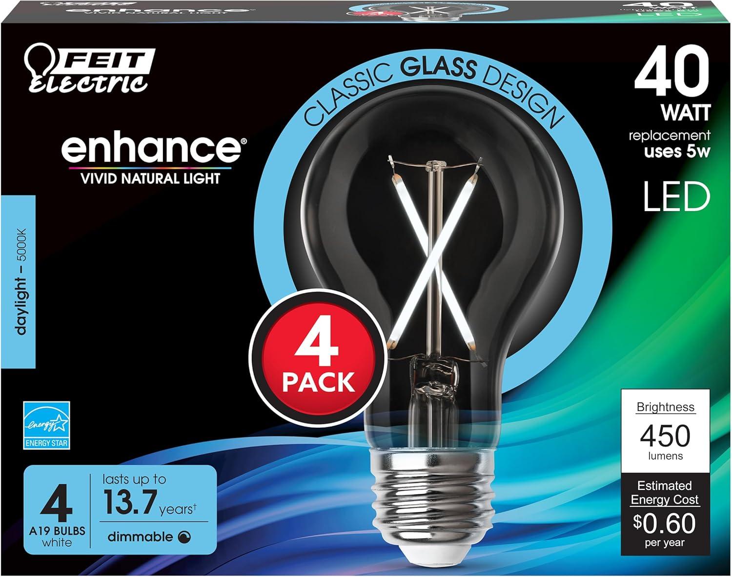 Feit Electric A19 E26 (Medium) Filament LED Bulb Daylight 40 Watt Equivalence 4 pk