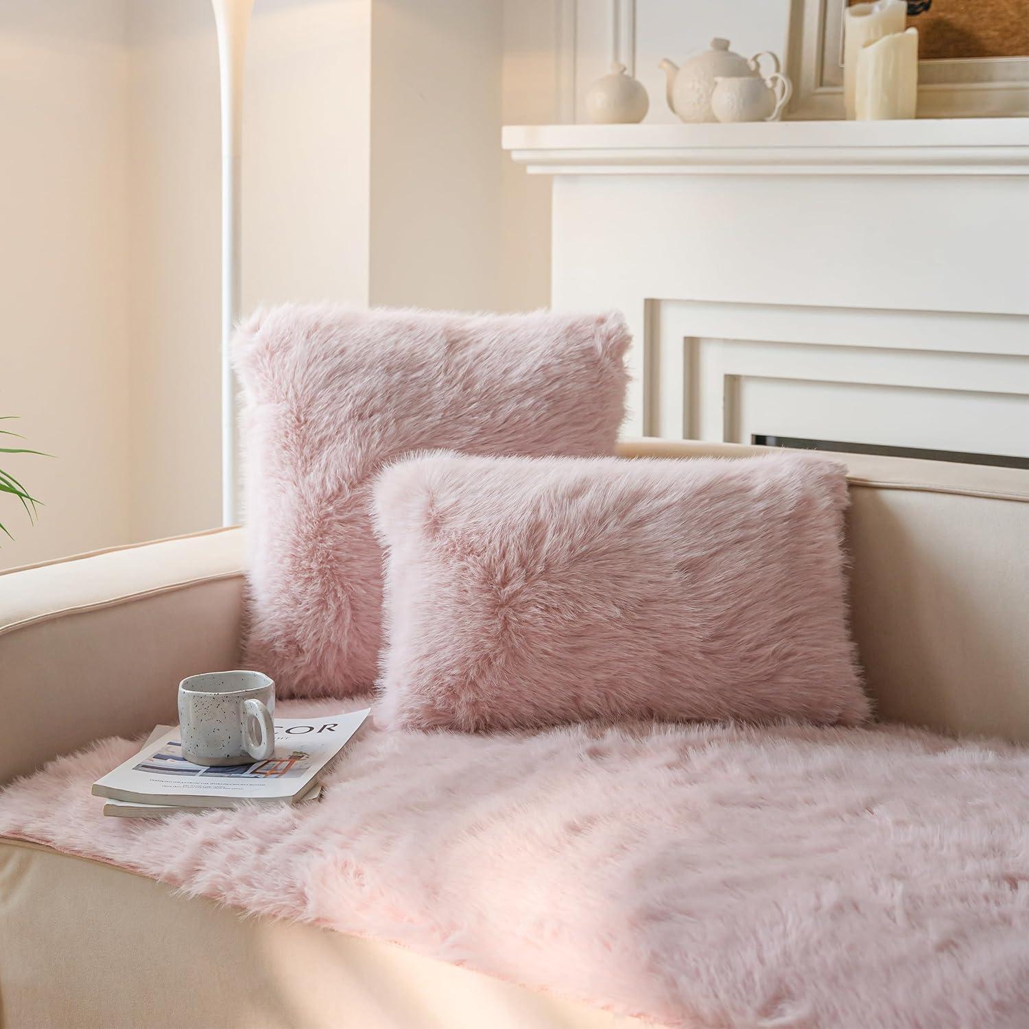 Set of 2 Fluffy Pillow Covers New Luxury Series Merino Style Blush Faux Fur Decorative Throw Pillow Covers Square Fuzzy Cushion Case 18x18 Inch