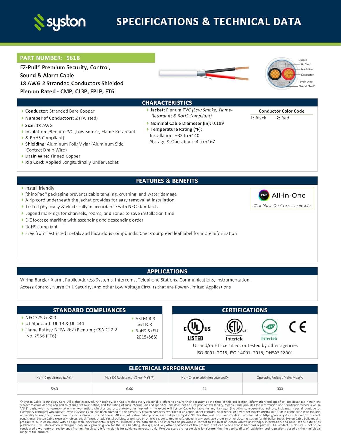 SYSTON 18/2 Fire Security Burglar Station Sound Alarm Control Cable Wire, Riser-Rated CMR/CL3R Shielded 100% Copper Stranded UL/ETL,UV Resistant RoHS for Indoor/Outdoor Low Voltage Applications Use