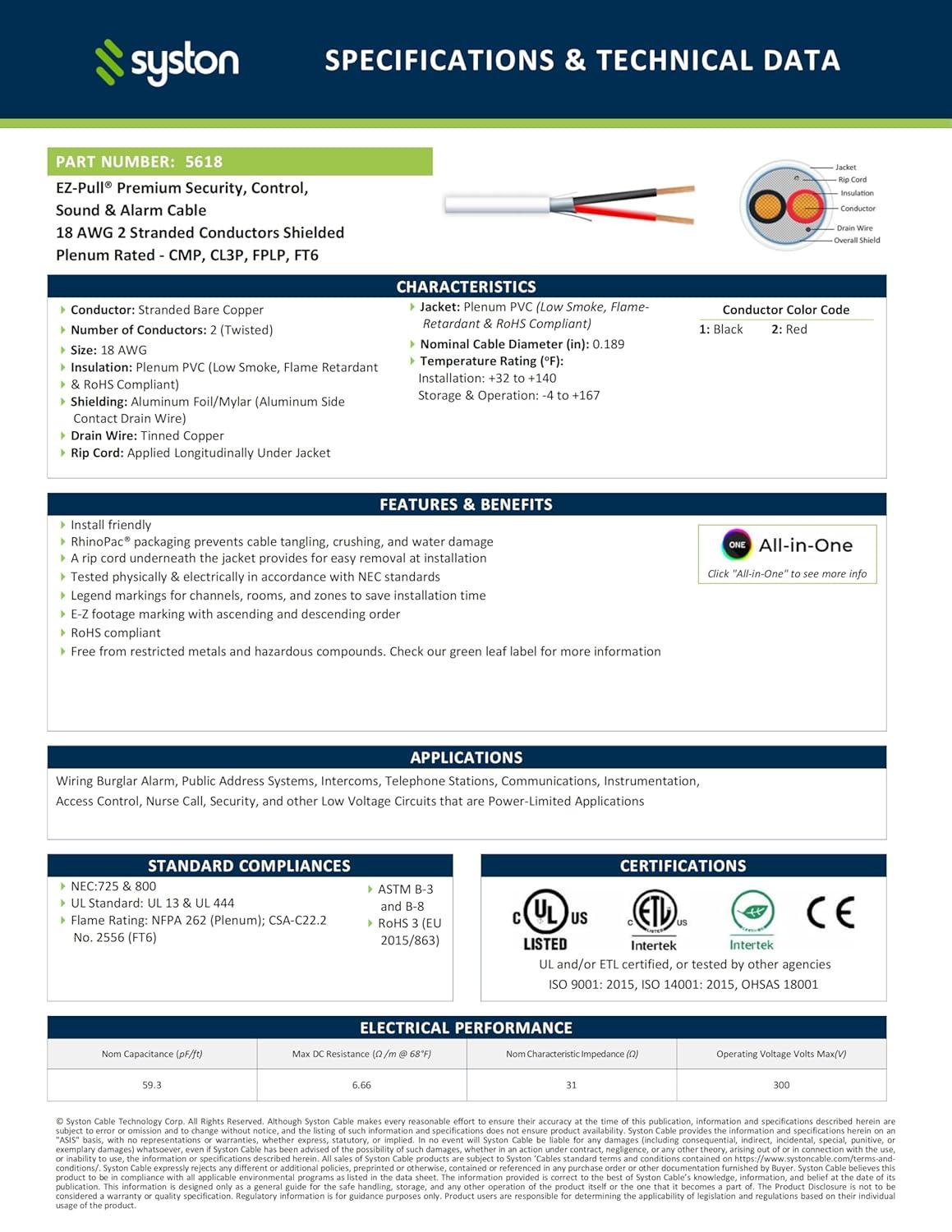SYSTON 18/2 Fire Security Burglar Station Sound Alarm Control Cable Wire, Riser-Rated CMR/CL3R Shielded 100% Copper Stranded UL/ETL,UV Resistant RoHS for Indoor/Outdoor Low Voltage Applications Use
