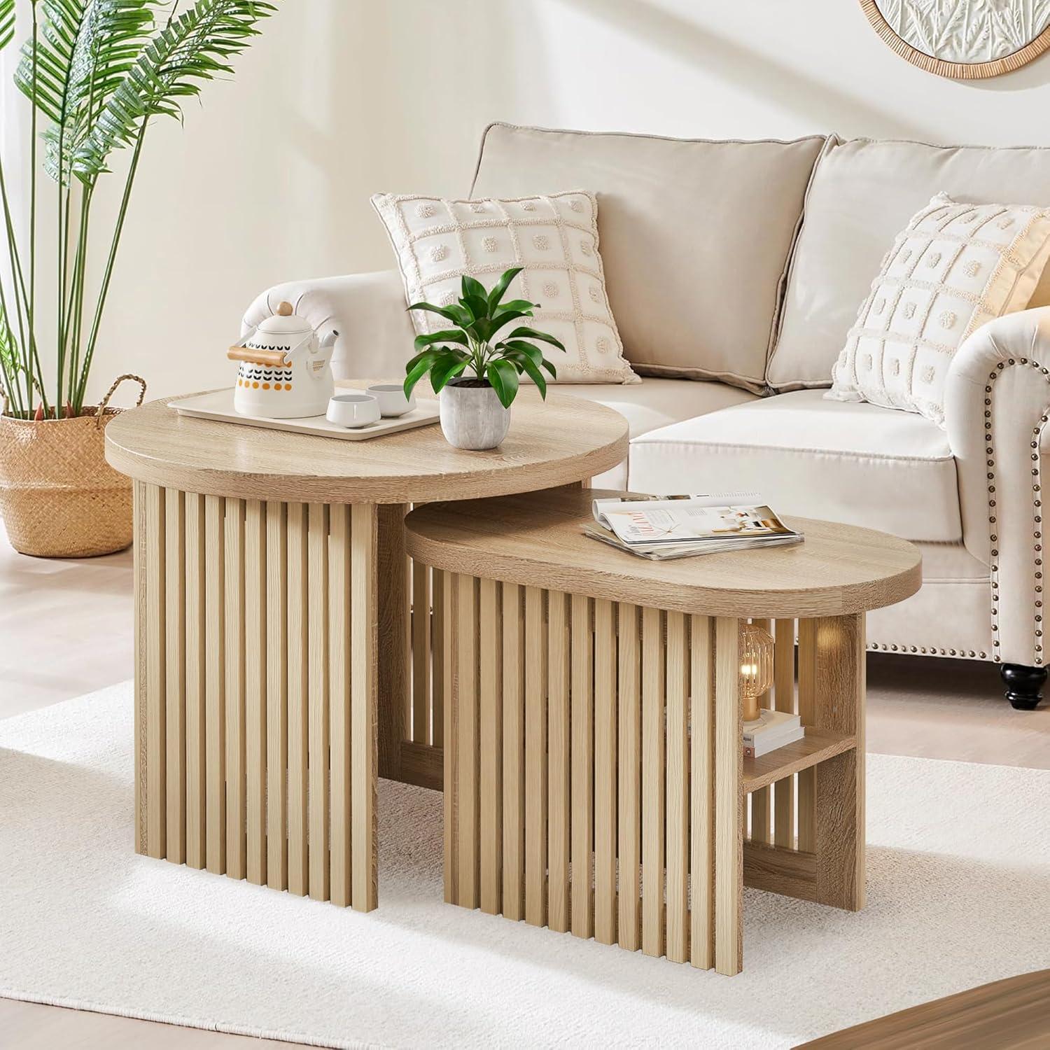 Natural Wood Round Nesting Coffee Table Set with Fluted Panels