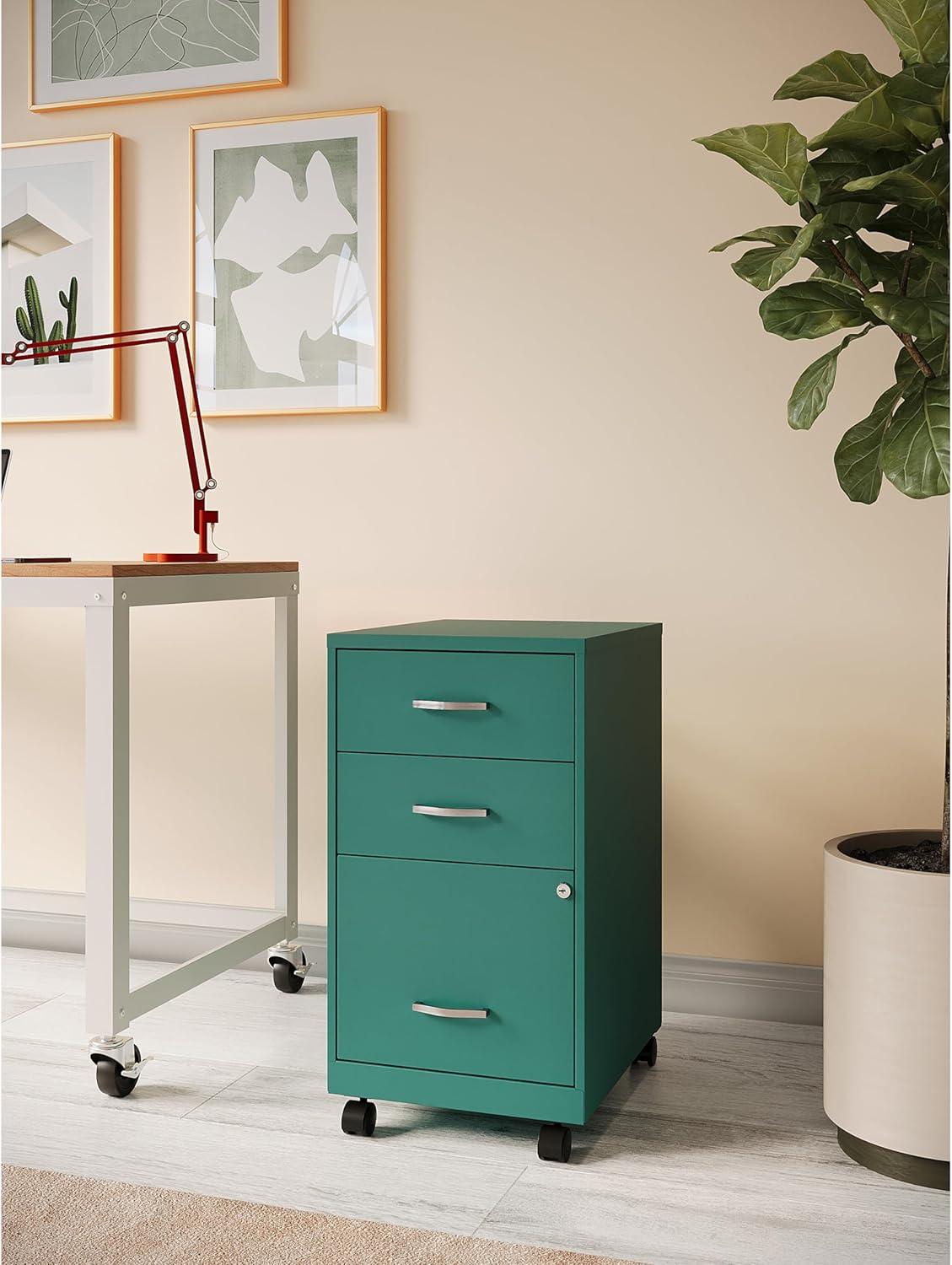 Compact Teal Steel 3-Drawer Mobile Pedestal File Cabinet