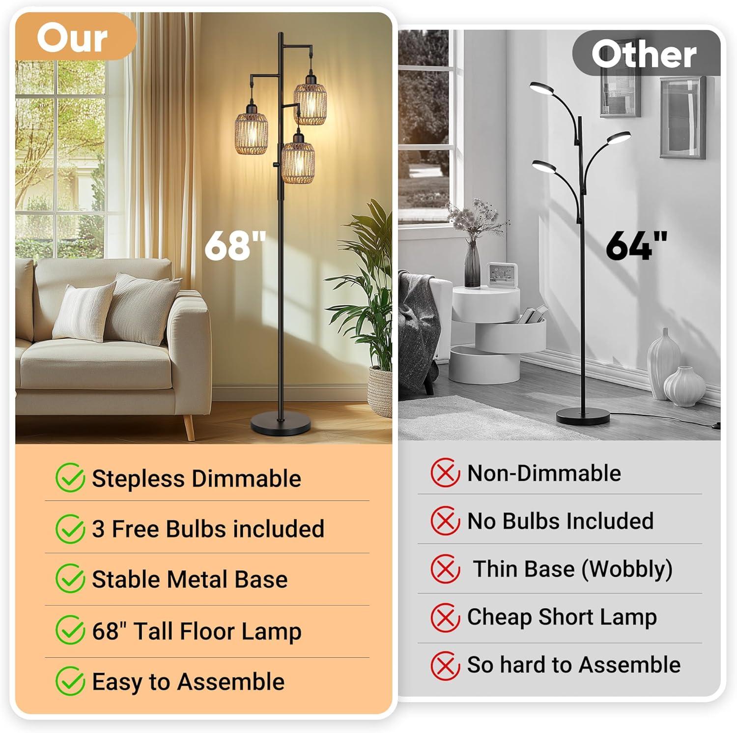 ROTTOGOON Dimmable Boho Floor Lamp - 3 Light Farmhouse Rattan Floor Lamp for Living Room, Industrial Tree Floor Lamps with 3 X 6W LED Bulbs, Rustic Standing Tall Lamp for Bedroom, 68", Black + Gray